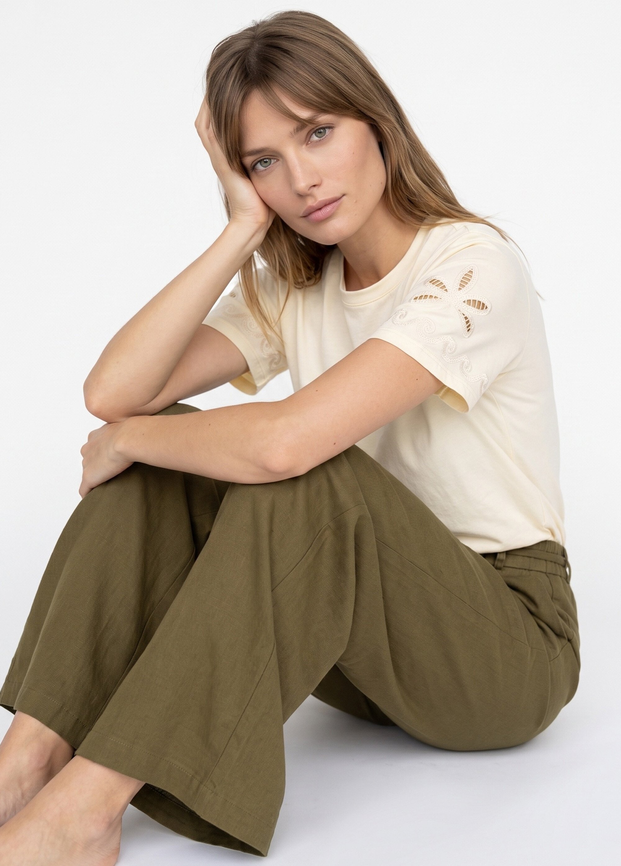 Pantalon large avec lin, style ethnique Femme Vert IKB-81357 MV1