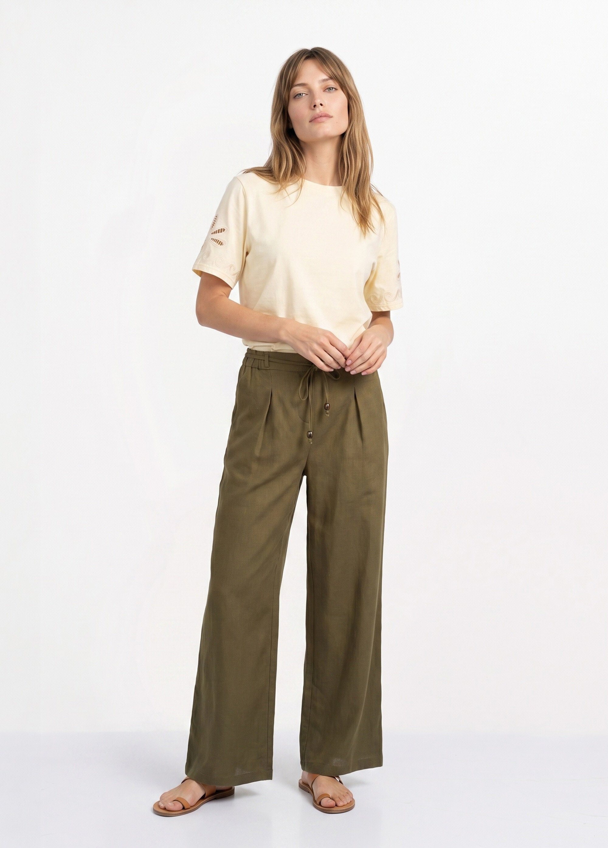 Pantalon large avec lin, style ethnique Femme Vert IKB-81357 SF1