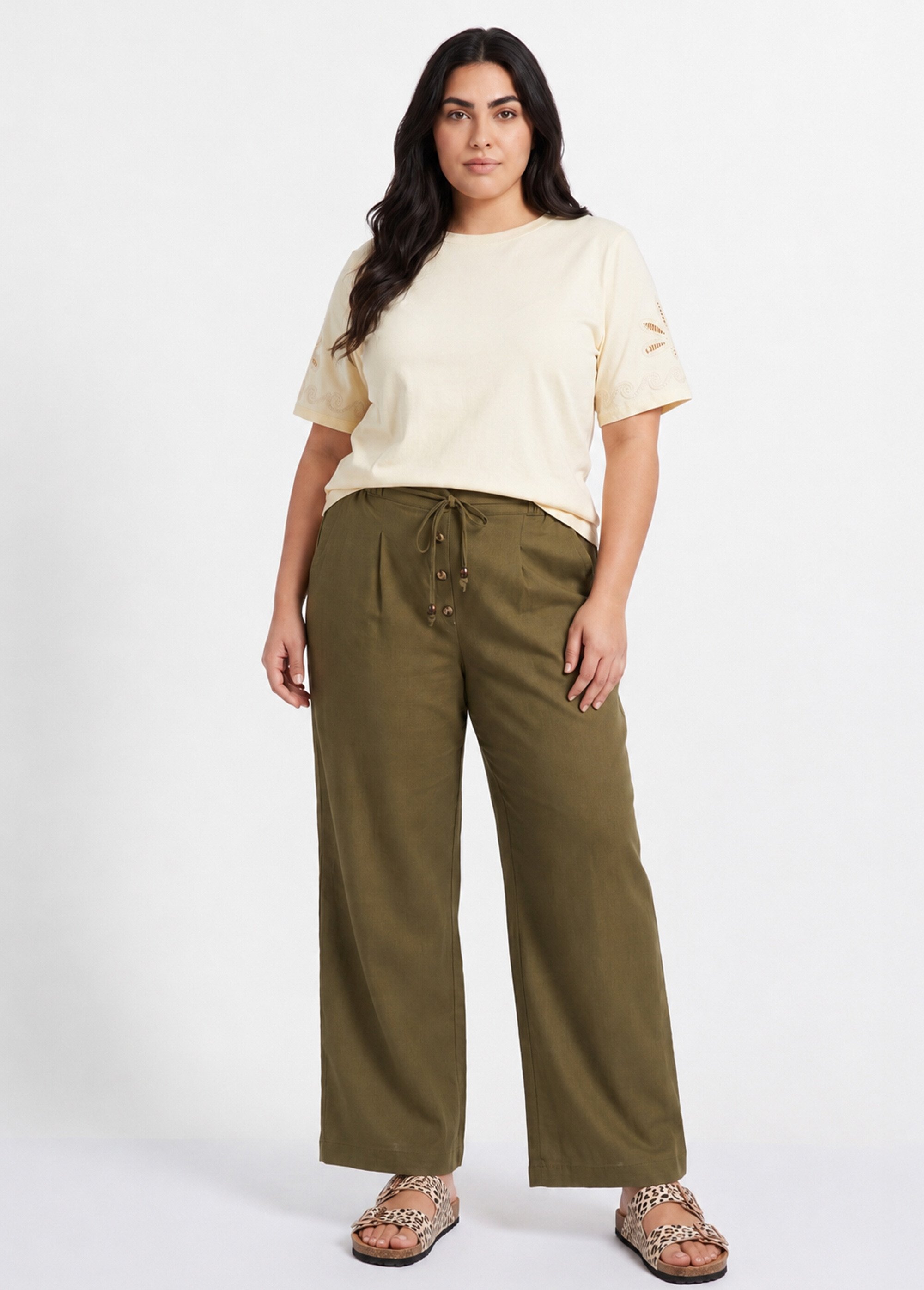 Pantalon large avec lin, style ethnique Femme Grande Taille Vert IKB-81357 SI1