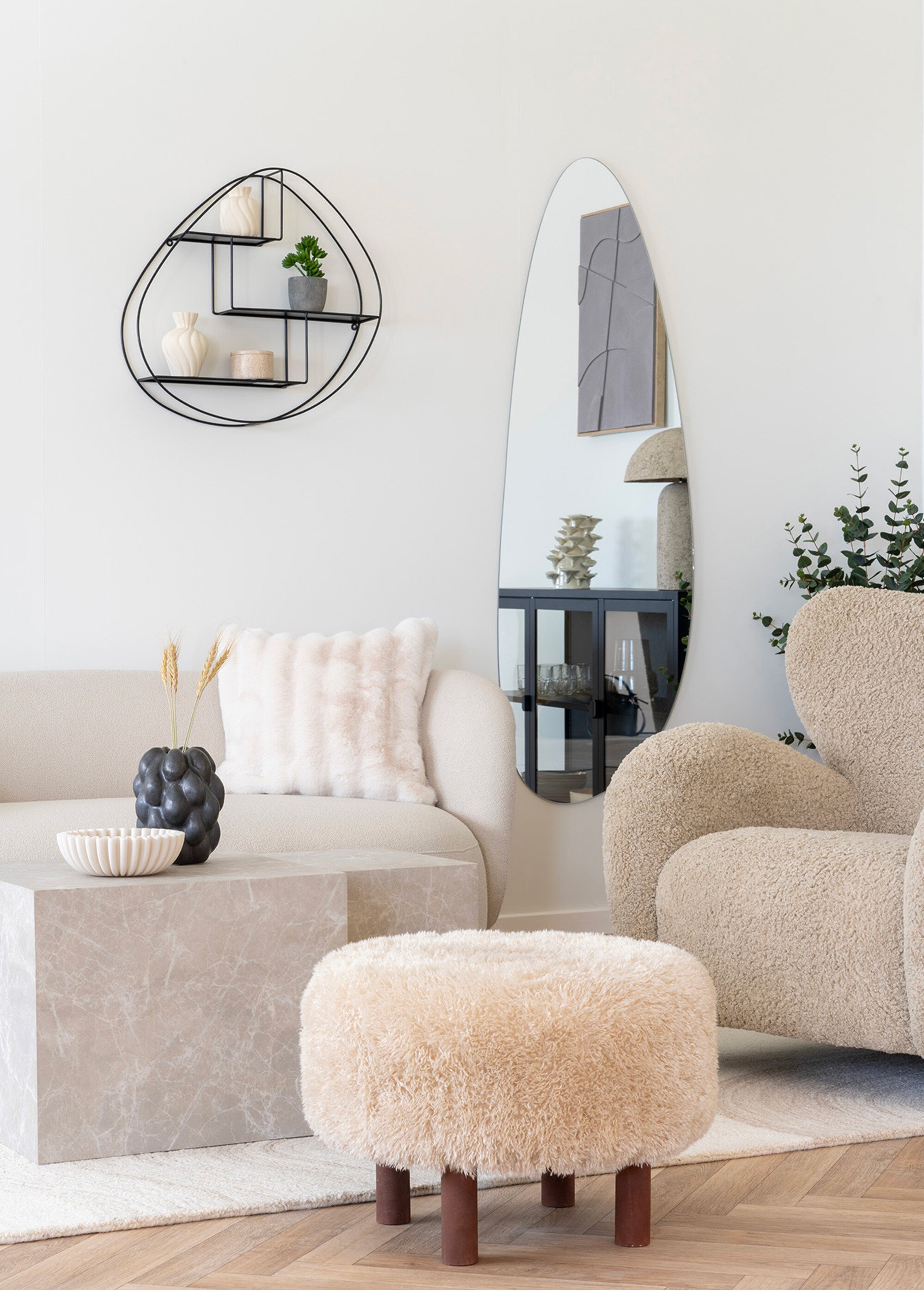 Pouf rond imitation fourrure poils longs MARRON CLAIR HN-1501118 SI1