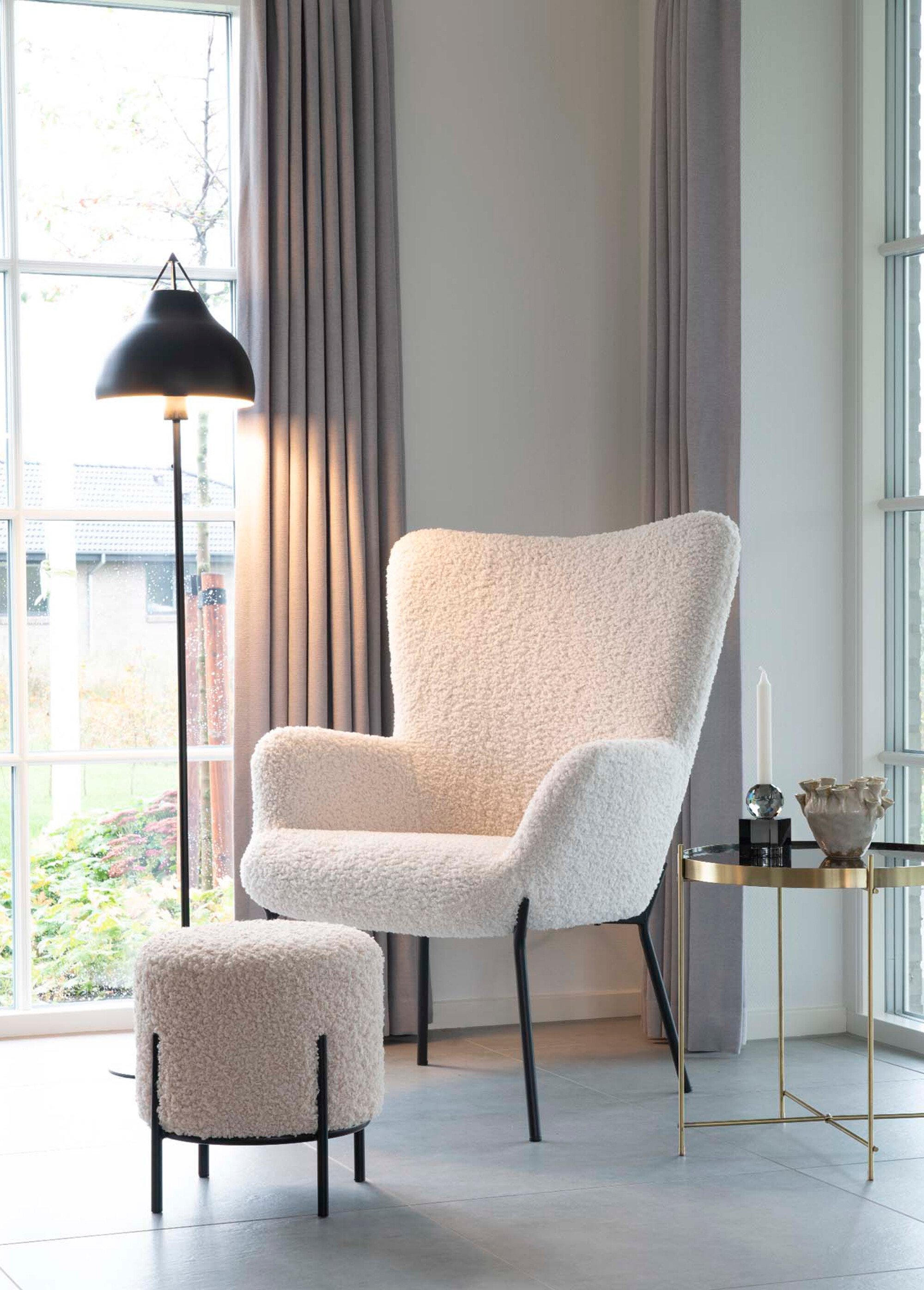 Pouf rond tissu bouclette, pieds métal BLANC HN-1501170 SI2