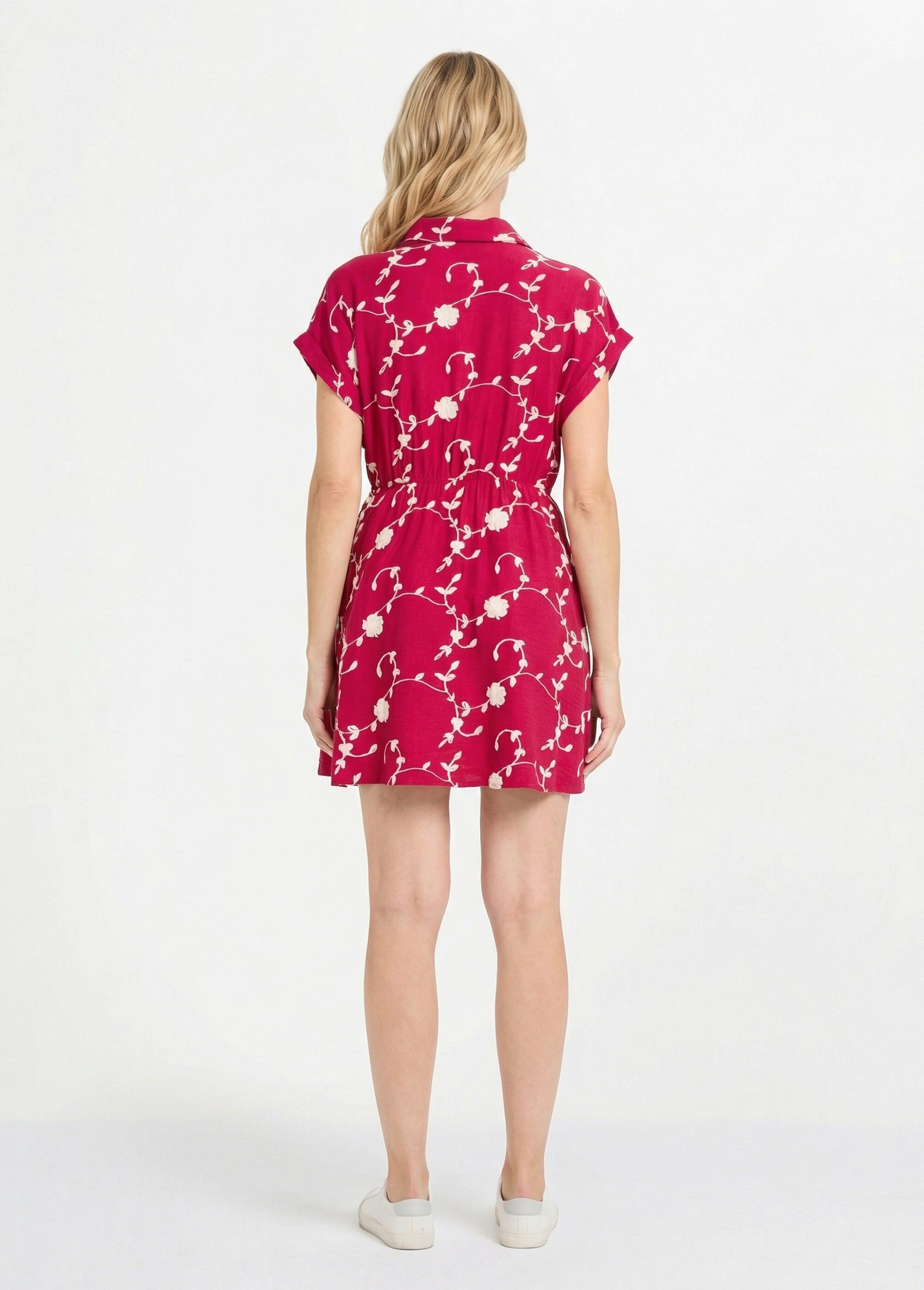 Robe courte taille nouée, fleurs brodées Femme Rose IKB-50279 DO1