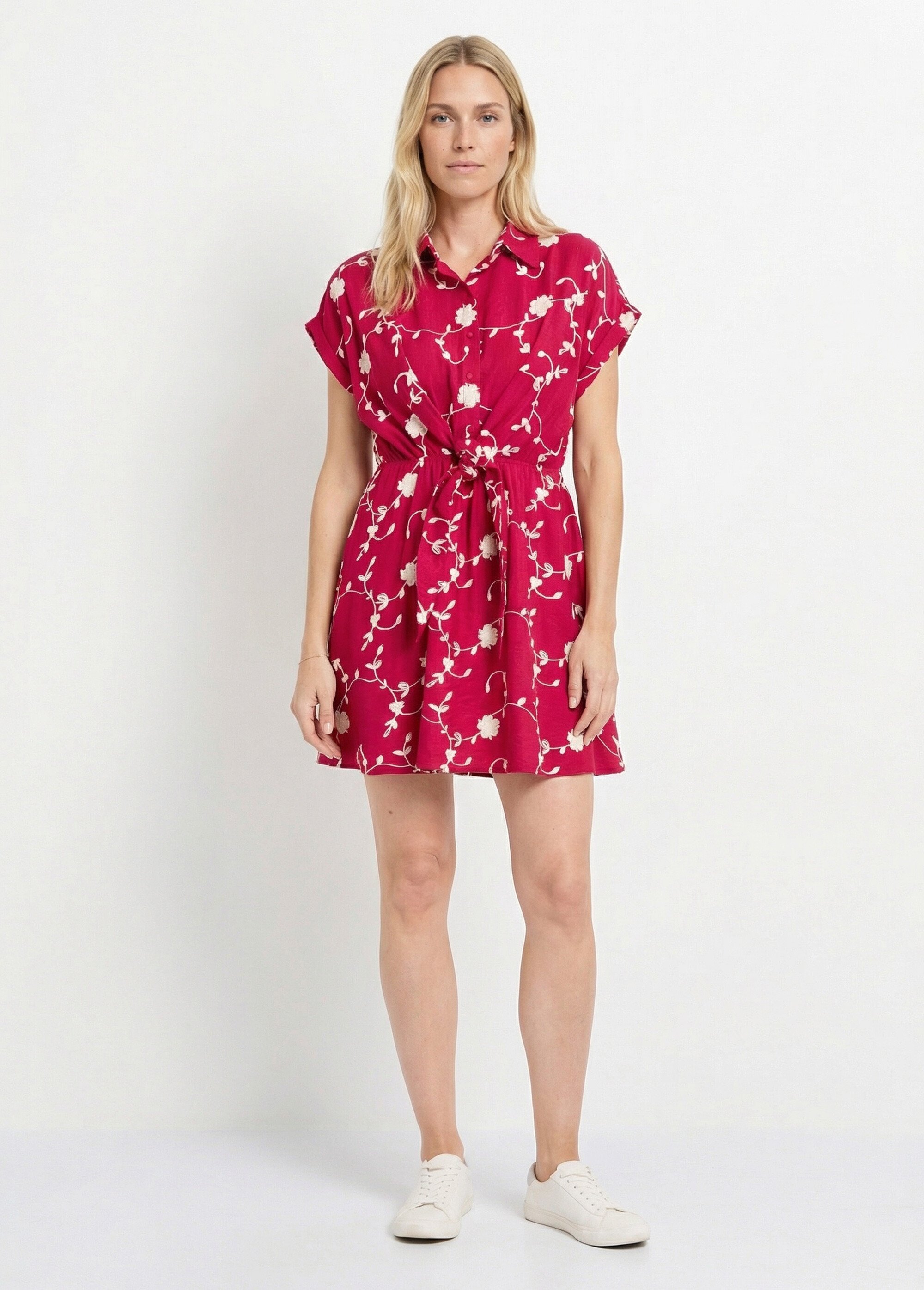 Robe courte taille nouée, fleurs brodées Femme Rose IKB-50279 FA1