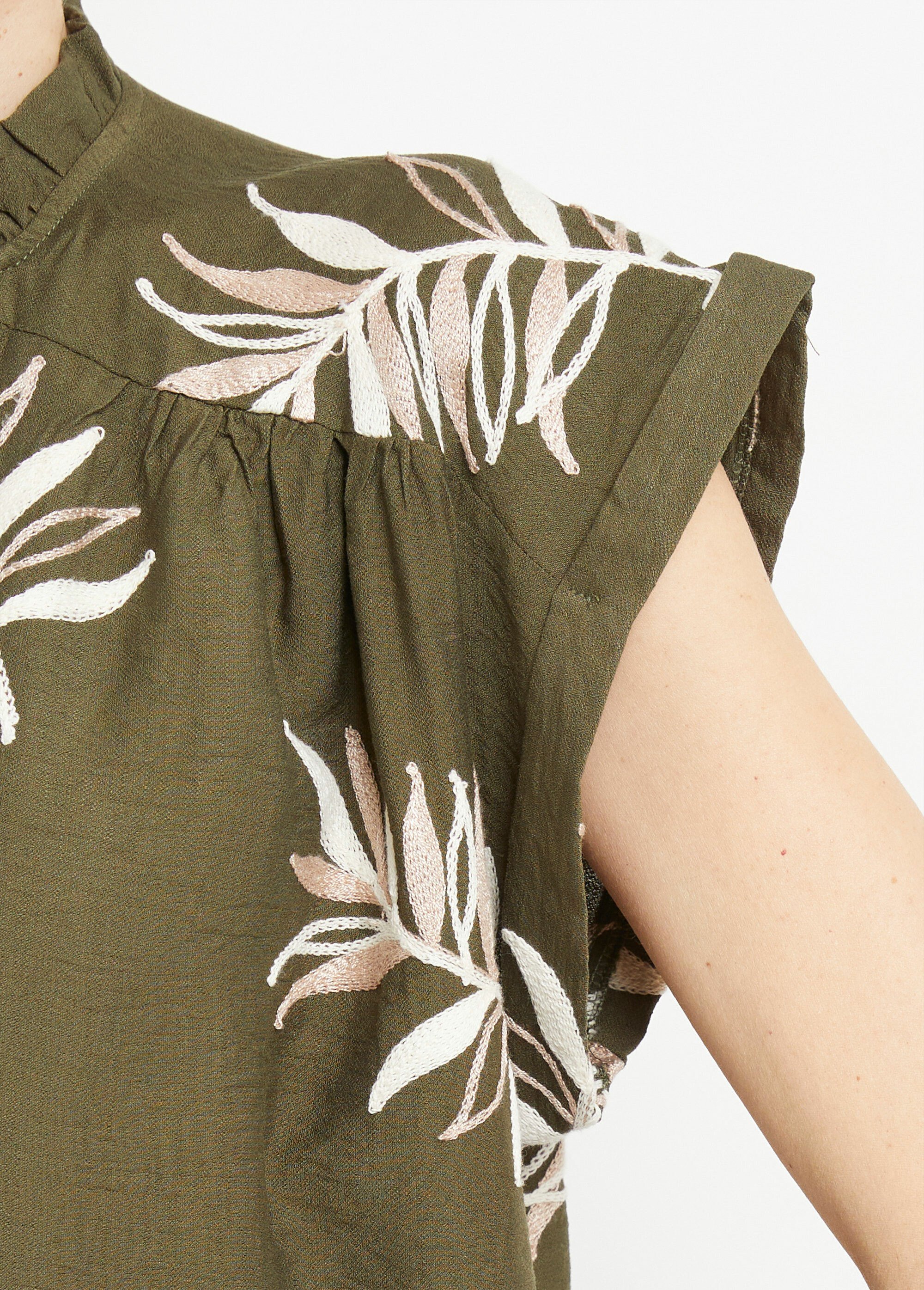 Robe housse courte, broderies feuilles Femme Vert IKB-50278 DE2