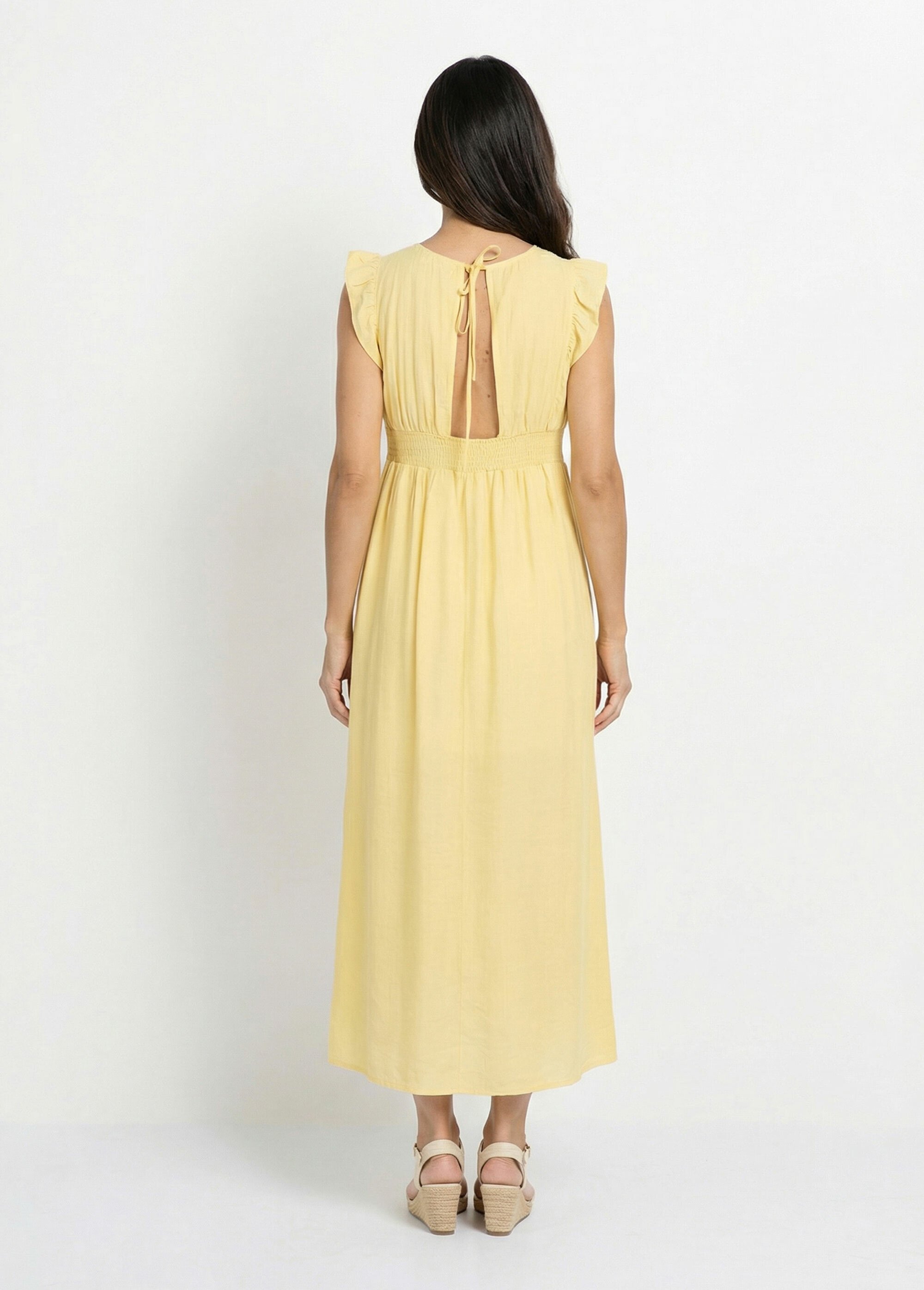 Robe longue encolure V + dos nu et liens Femme Jaune IKB-50308 DO1
