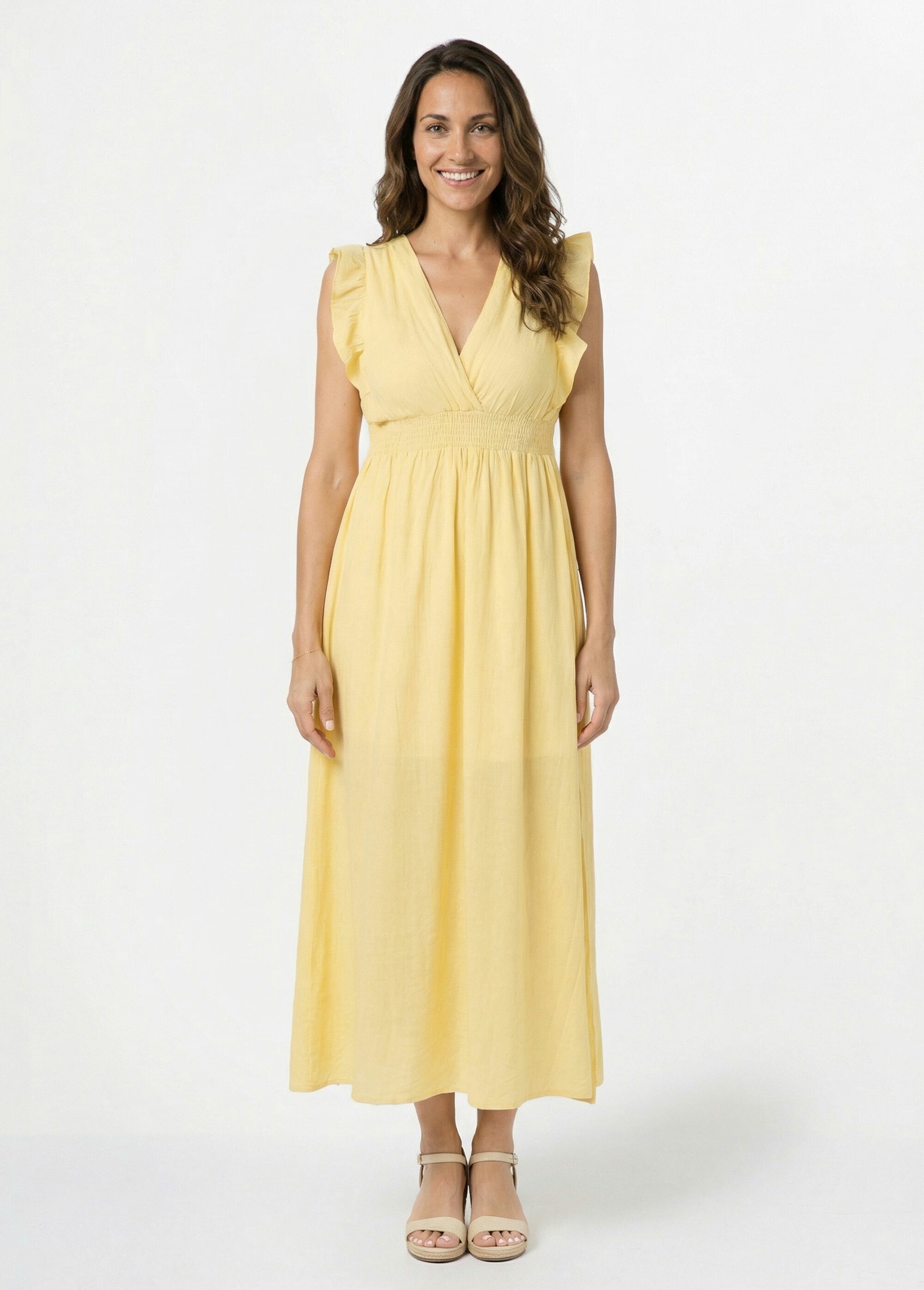 Robe longue encolure V + dos nu et liens Femme Jaune IKB-50308 FA1