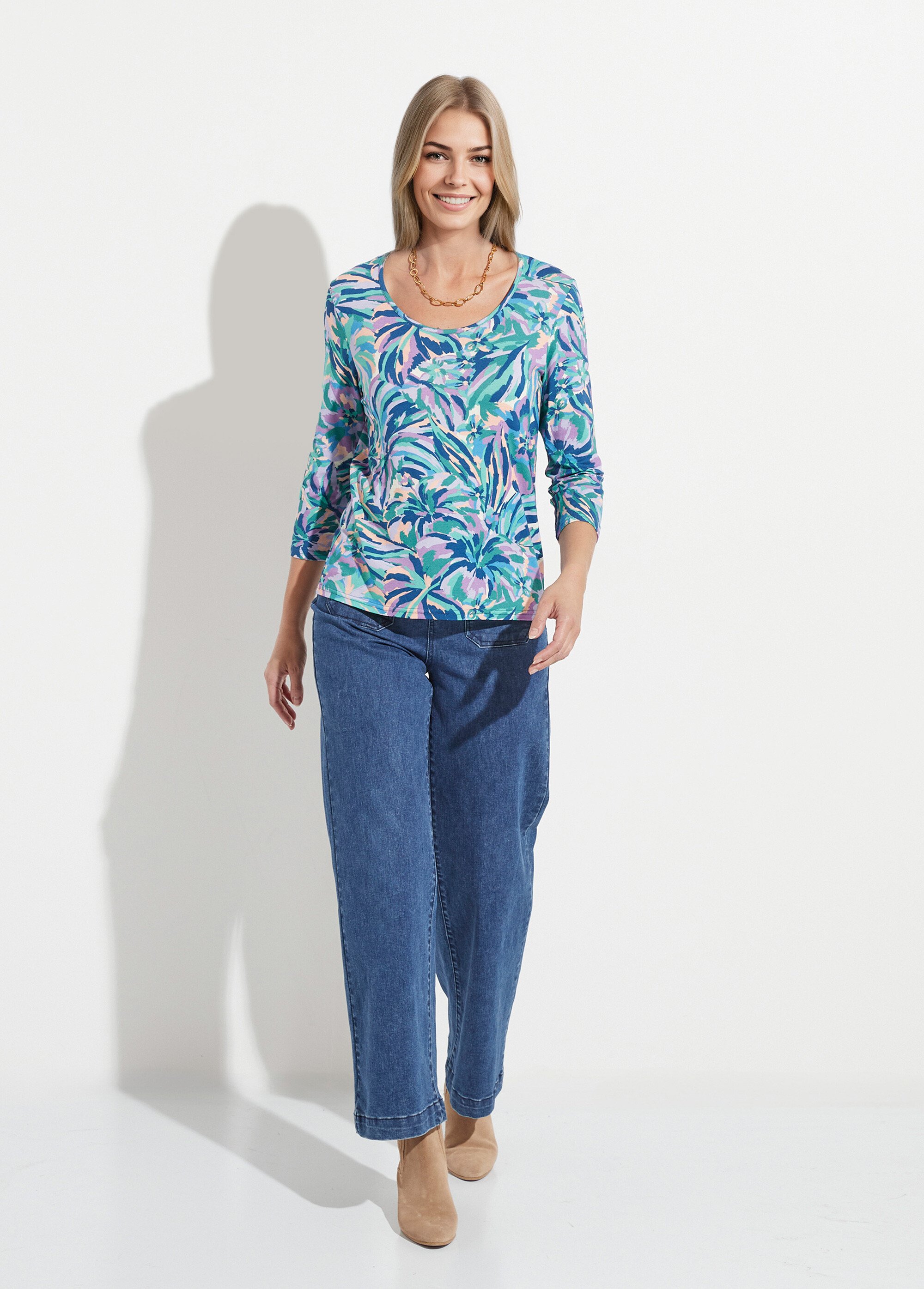 T-shirt col rond manches 3/4 imprimé Femme Bleu CALICOT SF1