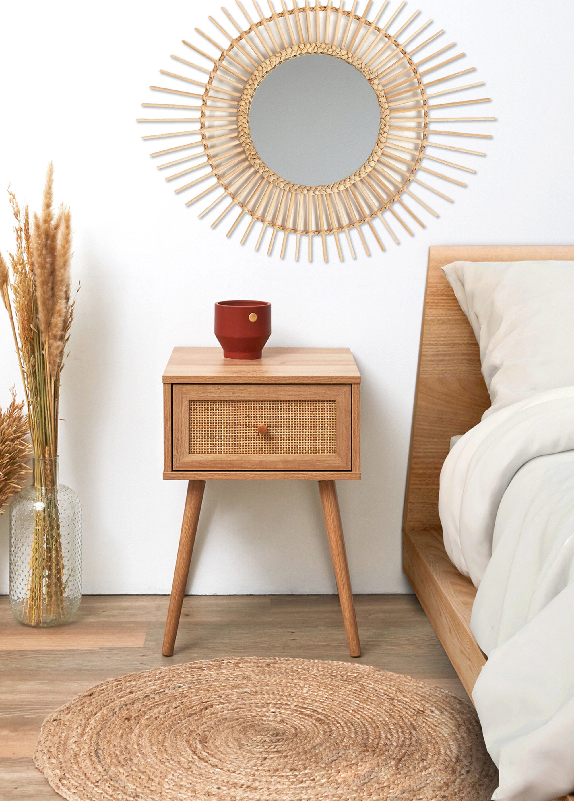 Table de chevet 1 tiroir bois et cannage MARRON CMP-HD7456 SI1