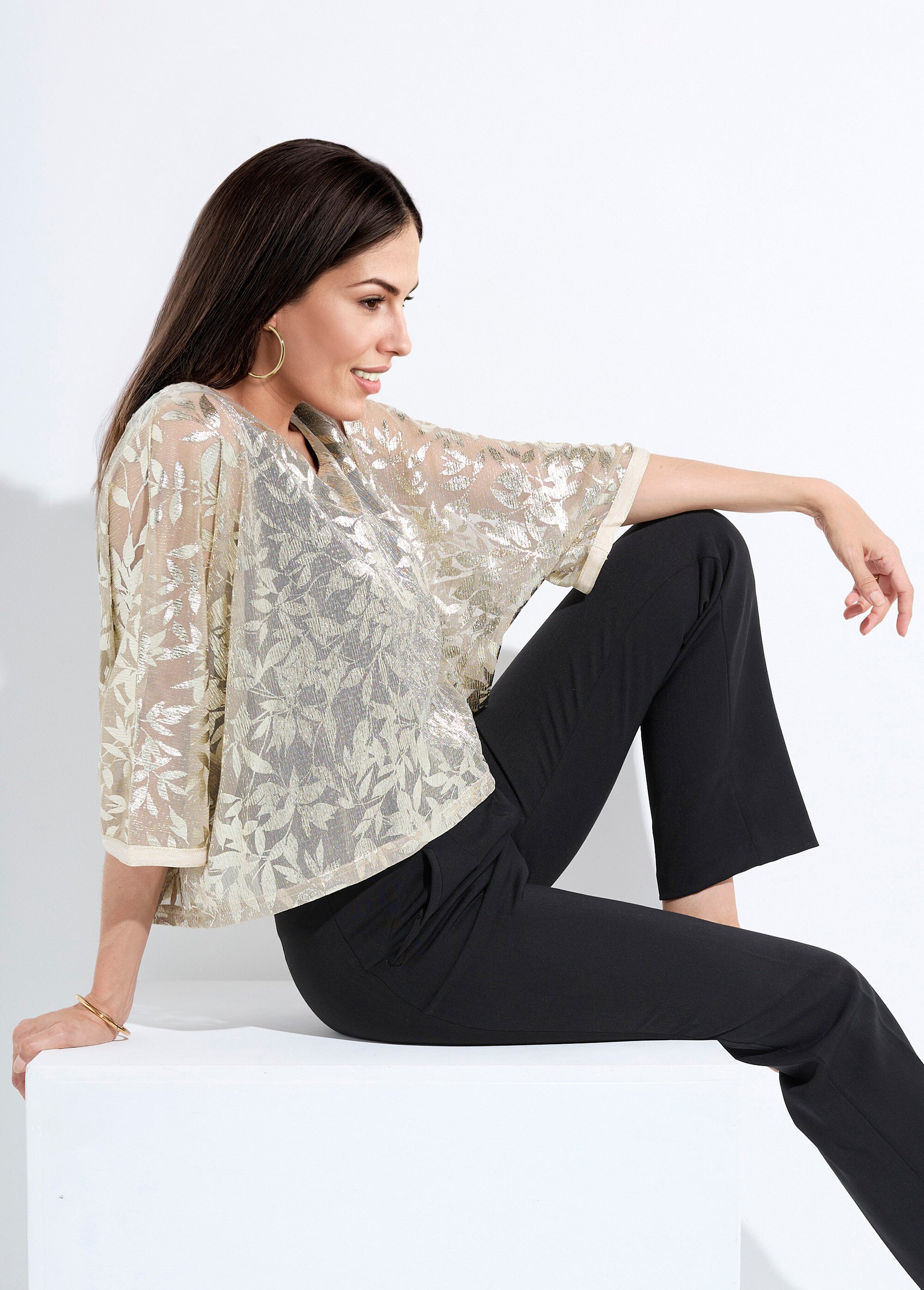 Top effet 2 en 1 maille unie voile jacquard irisé