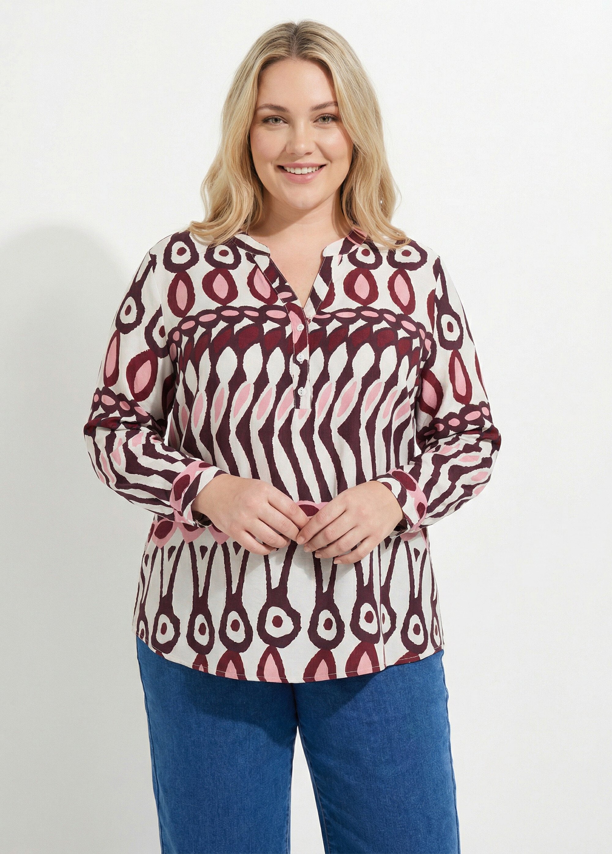 Blouse col V boutonné, imprimé ethnique Femme Grande Taille Beige CHY-F640 FA1