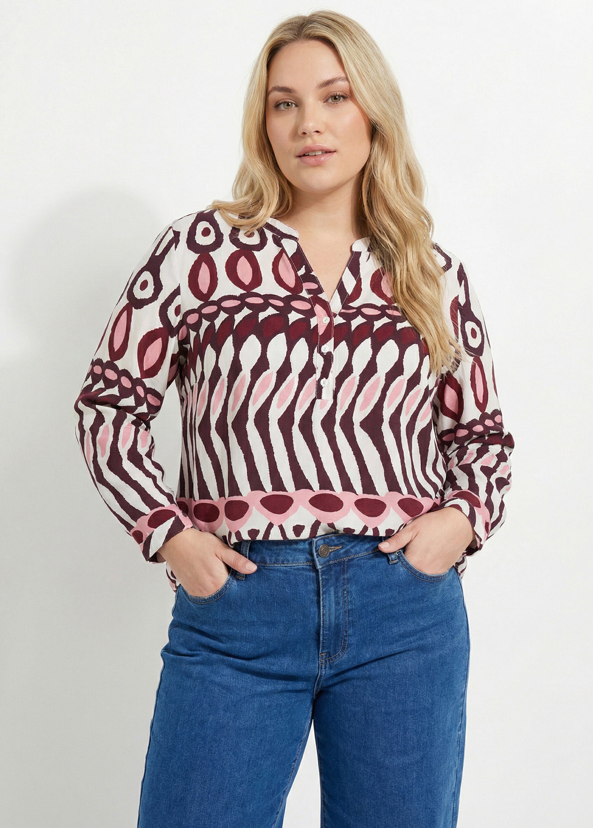Blouse col V boutonné, imprimé ethnique