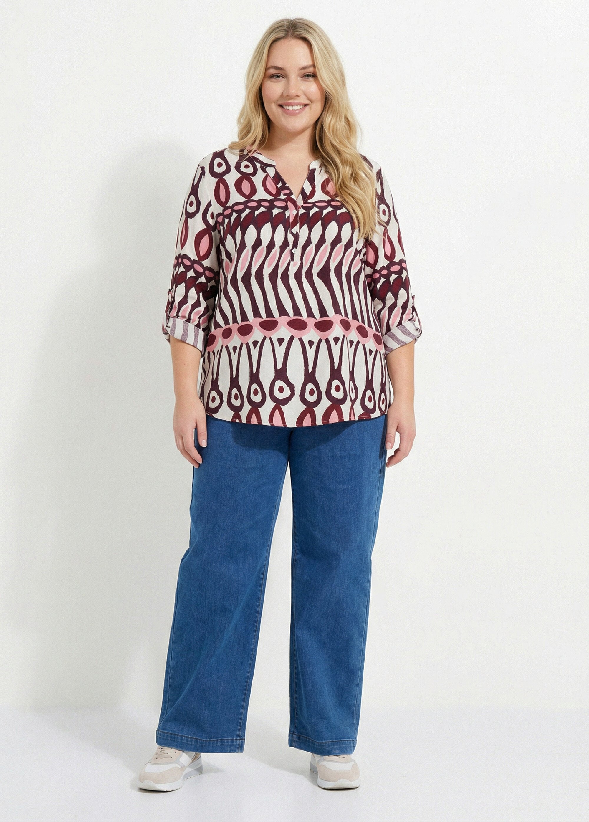 Blouse col V boutonné, imprimé ethnique Femme Grande Taille Beige CHY-F640 SF1