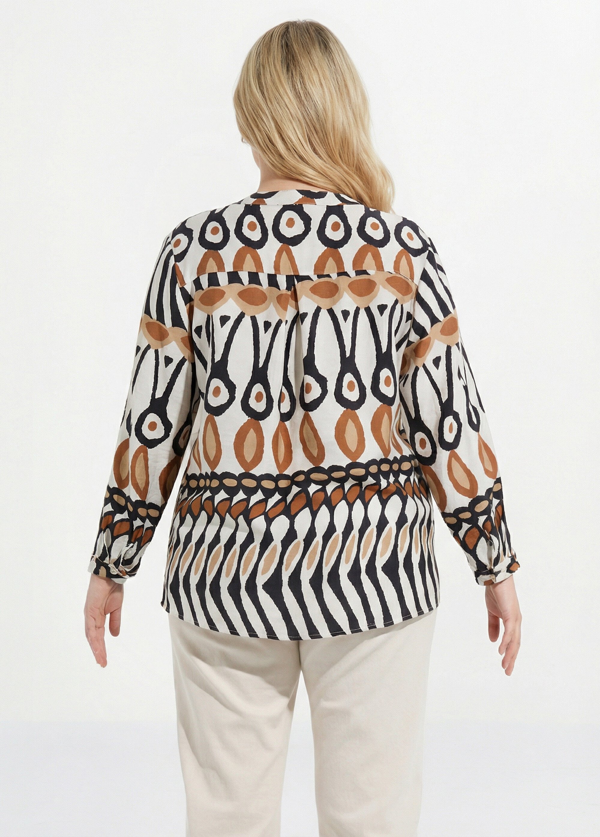 Blouse col V boutonné, imprimé ethnique