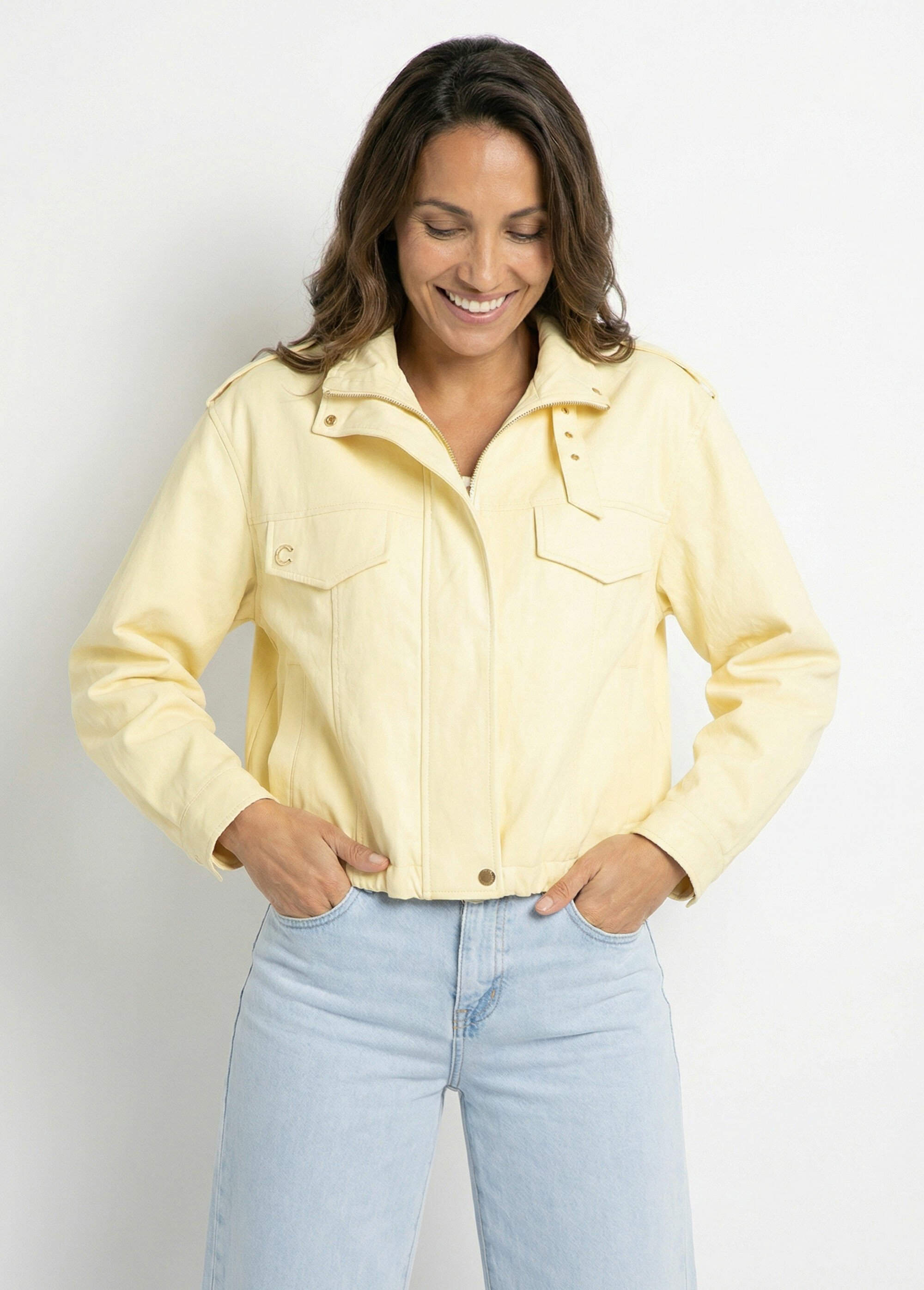Blouson motard en simili cuir pastel Femme Jaune SFT-S6216 FA1