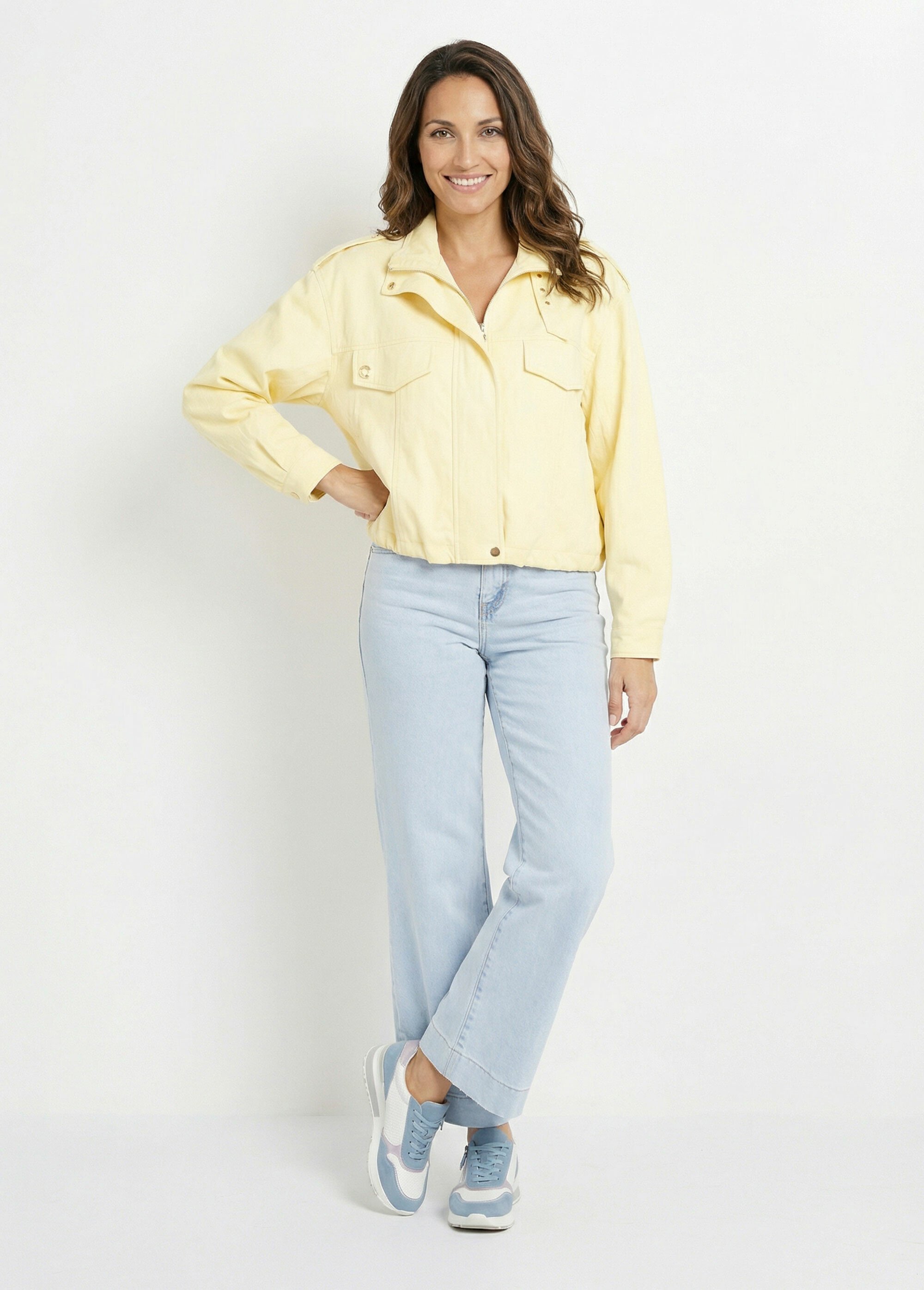 Blouson motard en simili cuir pastel Femme Jaune SFT-S6216 SF1