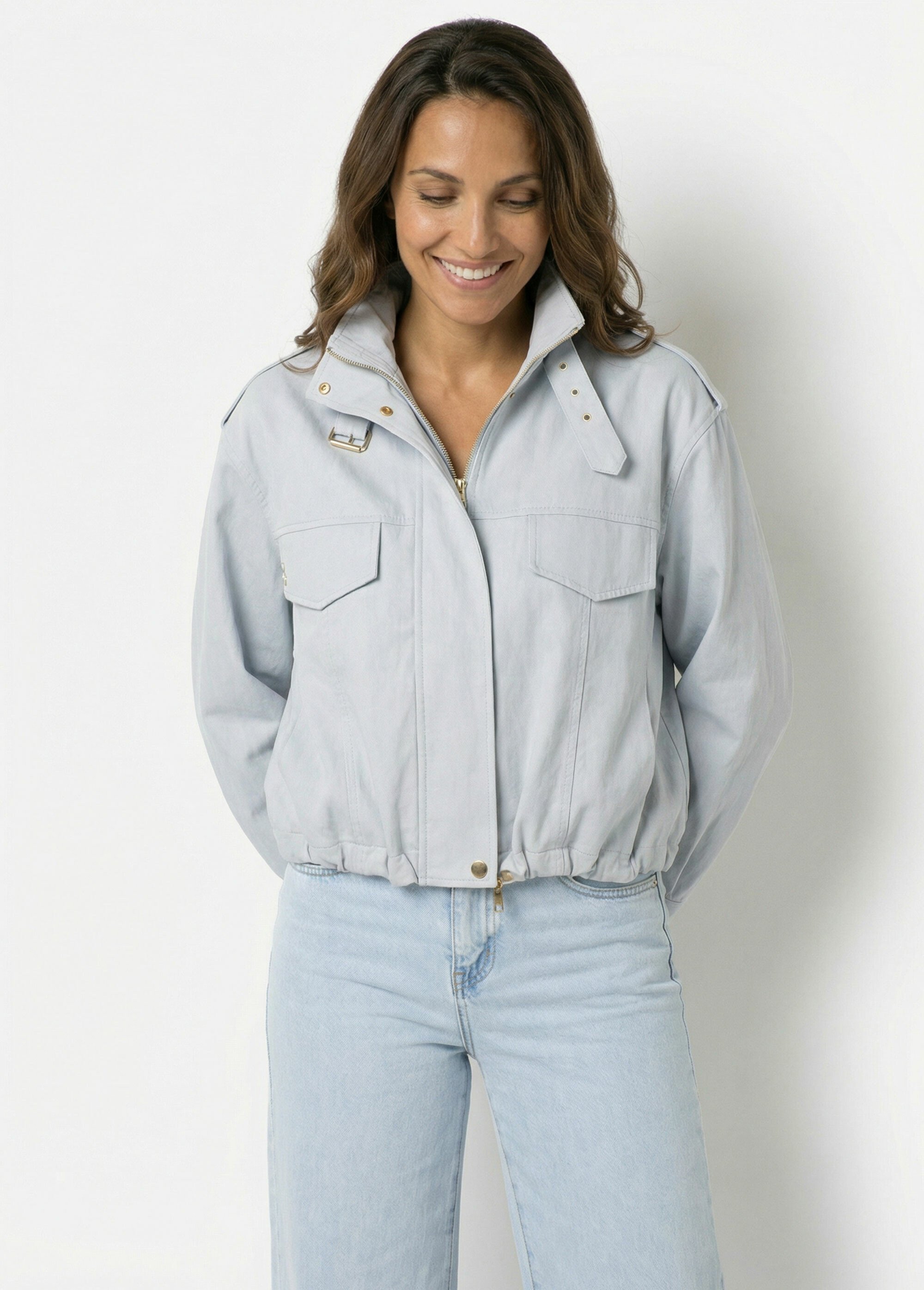 Blouson motard en simili cuir pastel Femme Bleu SFT-S6216 FA1