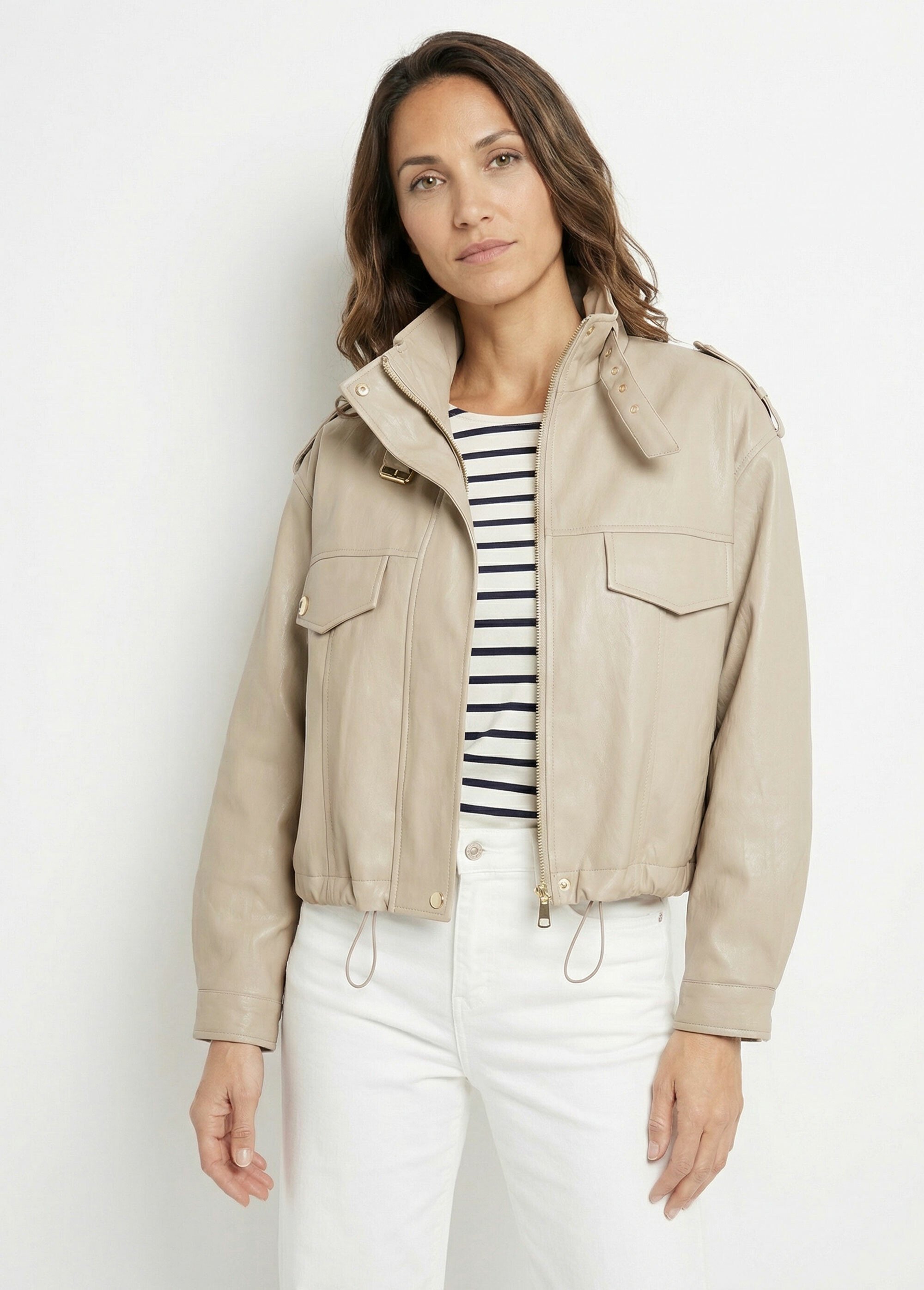 Blouson motard en simili cuir pastel Femme Beige SFT-S6216 FA1