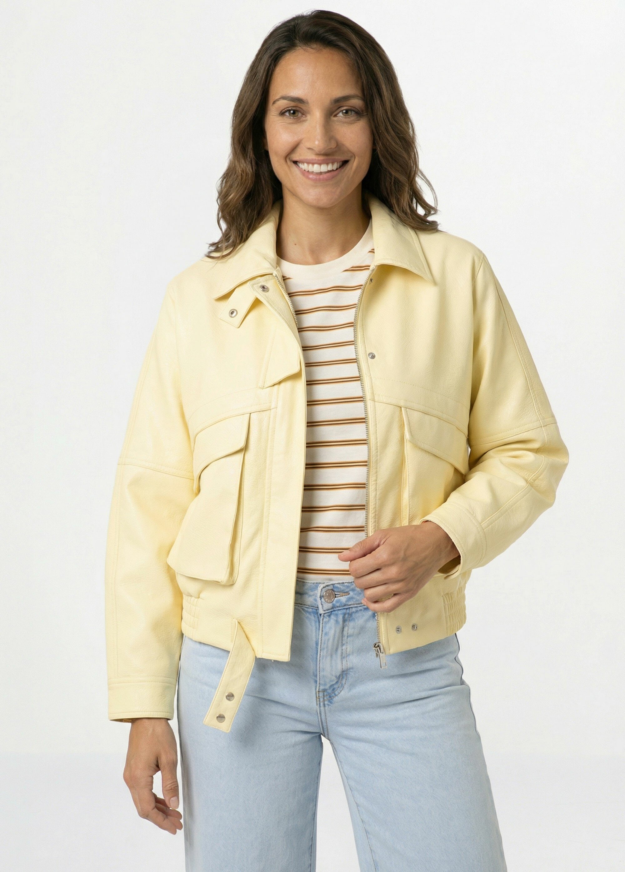 Blouson simili cuir, taille élastiquée Femme Jaune SFT-S6202 FA1