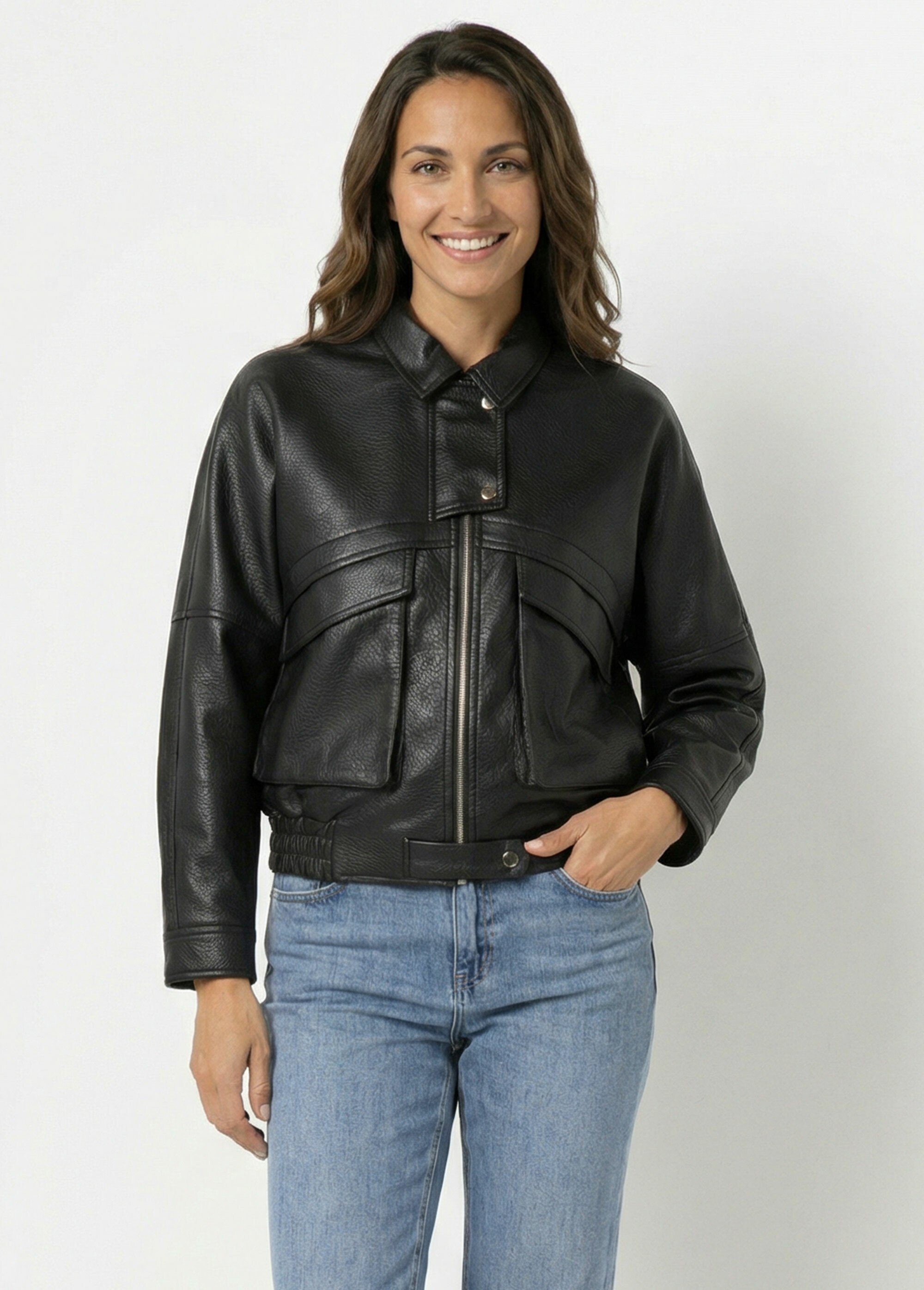 Blouson simili cuir, taille élastiquée Femme Noir SFT-S6202 FA1