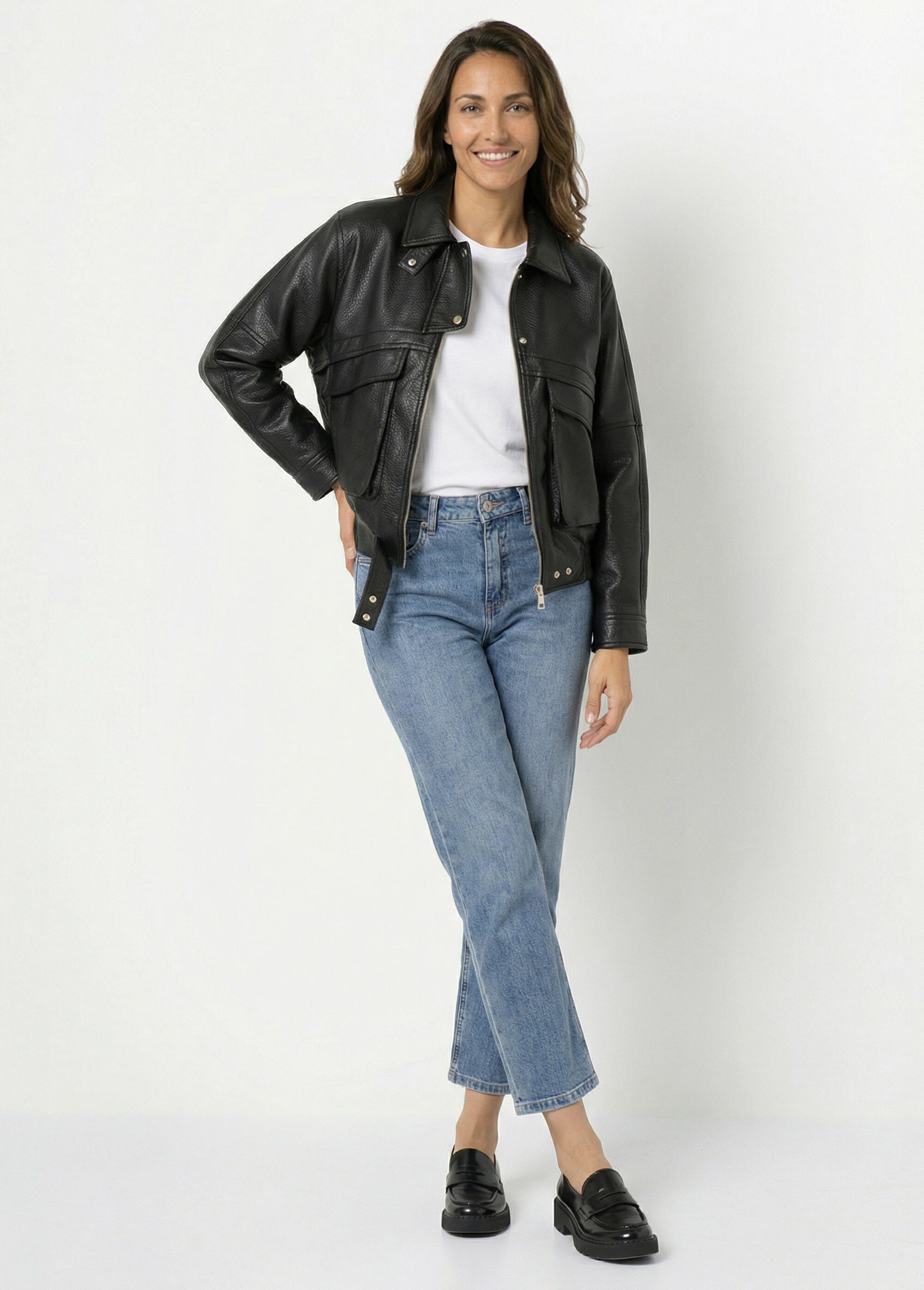 Blouson simili cuir, taille élastiquée Femme Noir SFT-S6202 SF1