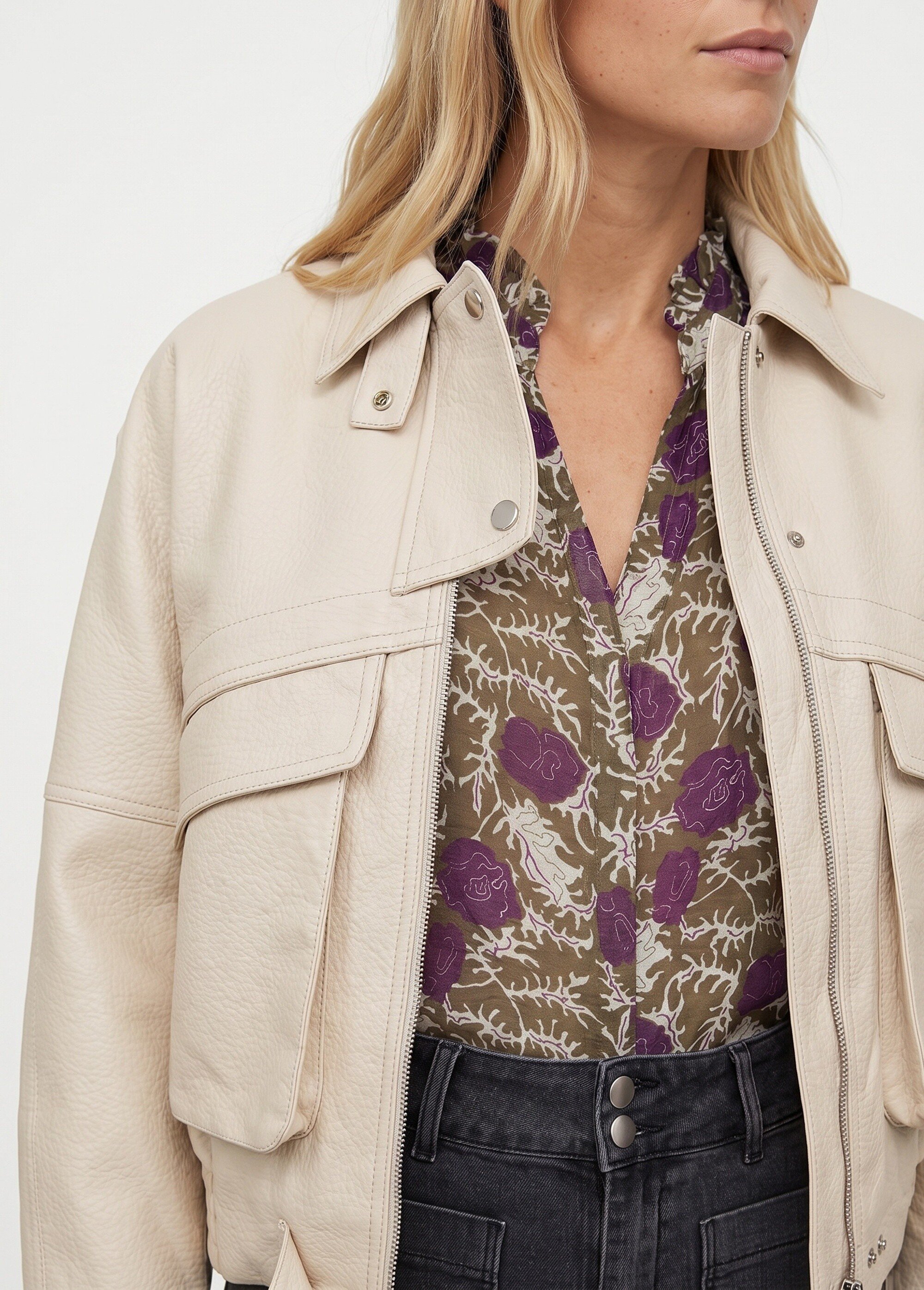 Blouson simili cuir, taille élastiquée Femme Beige SFT-S6202 DE1