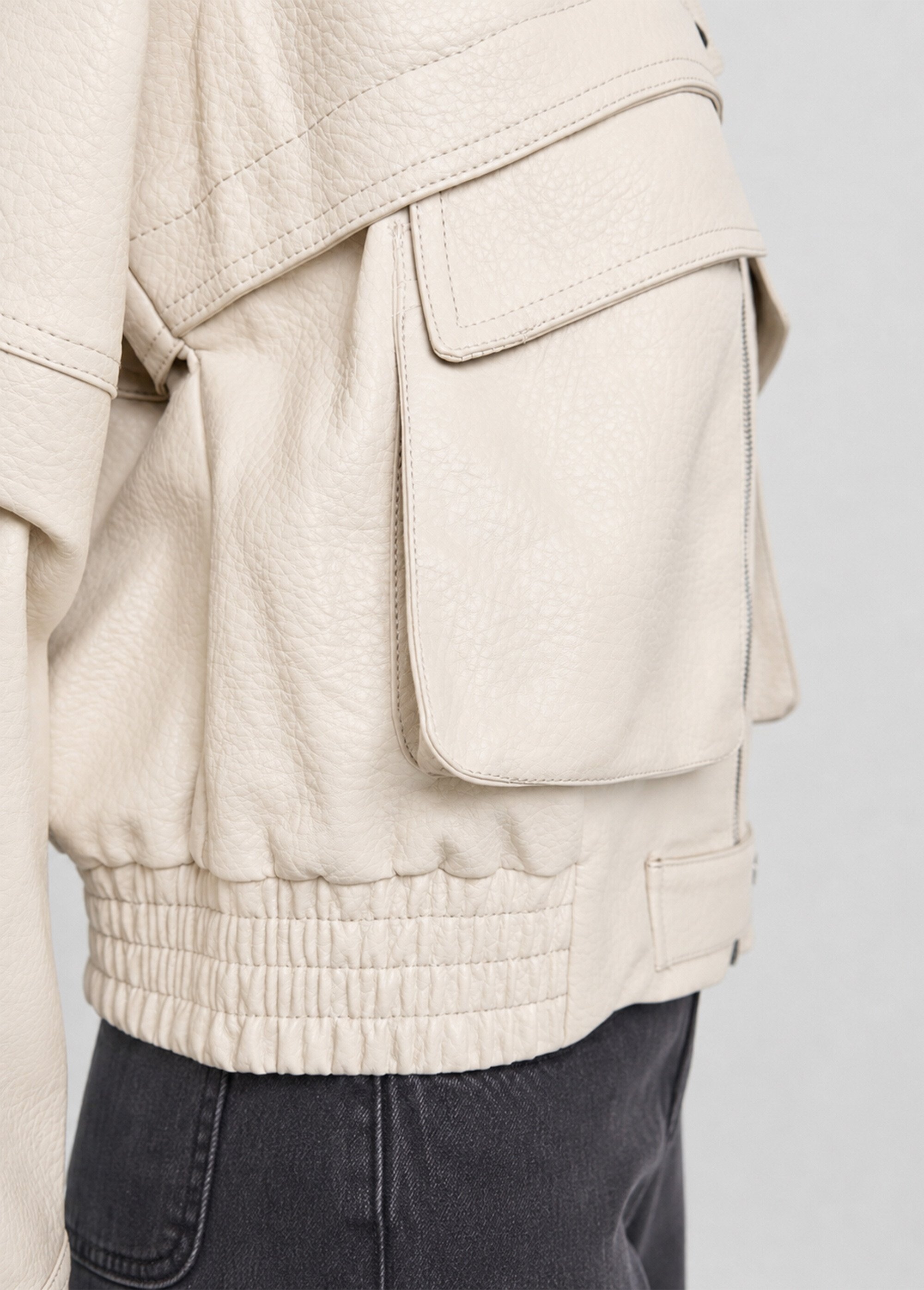 Blouson simili cuir, taille élastiquée Femme Beige SFT-S6202 DE2