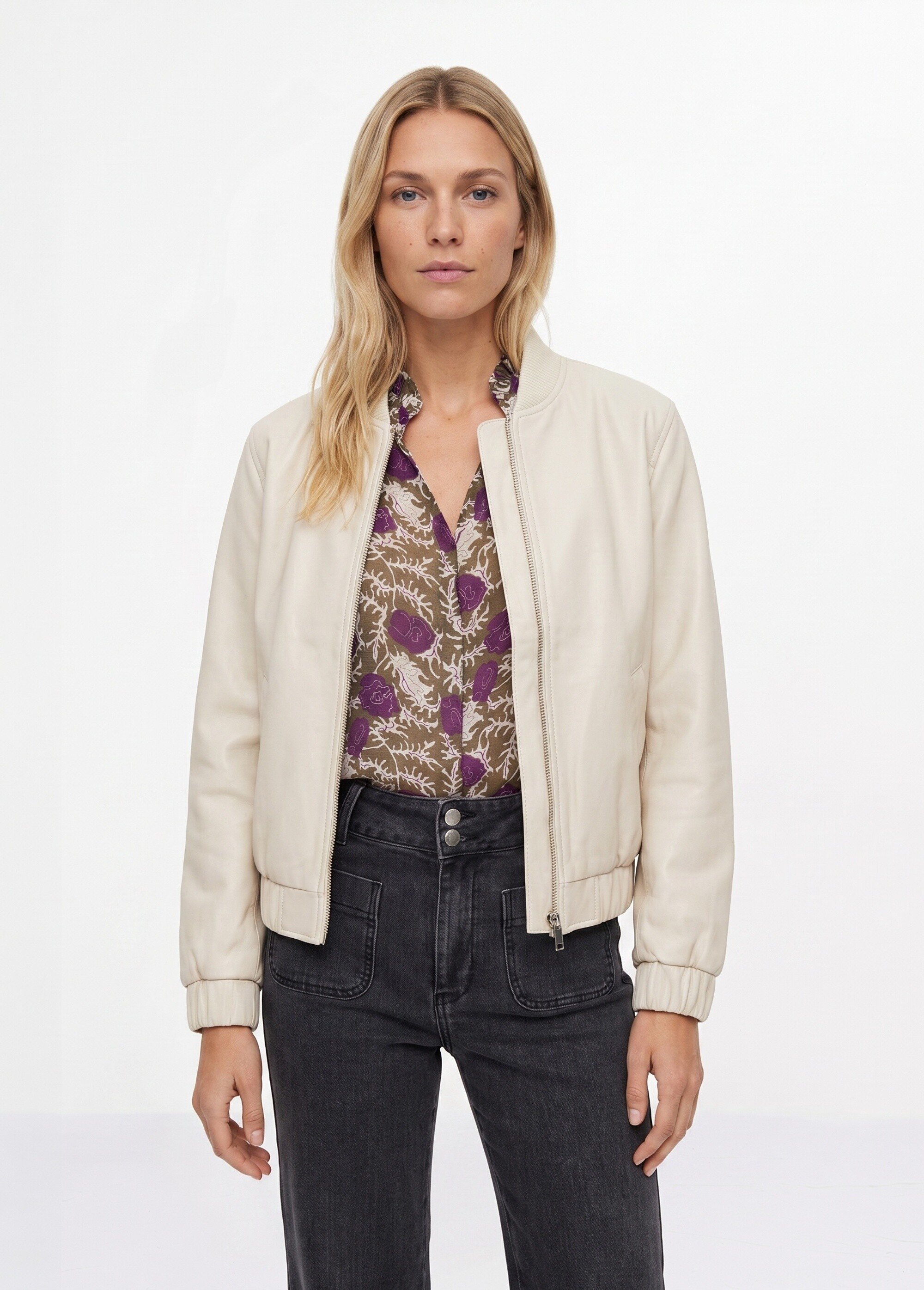 Blouson simili cuir, taille élastiquée Femme Beige SFT-S6202 FA1