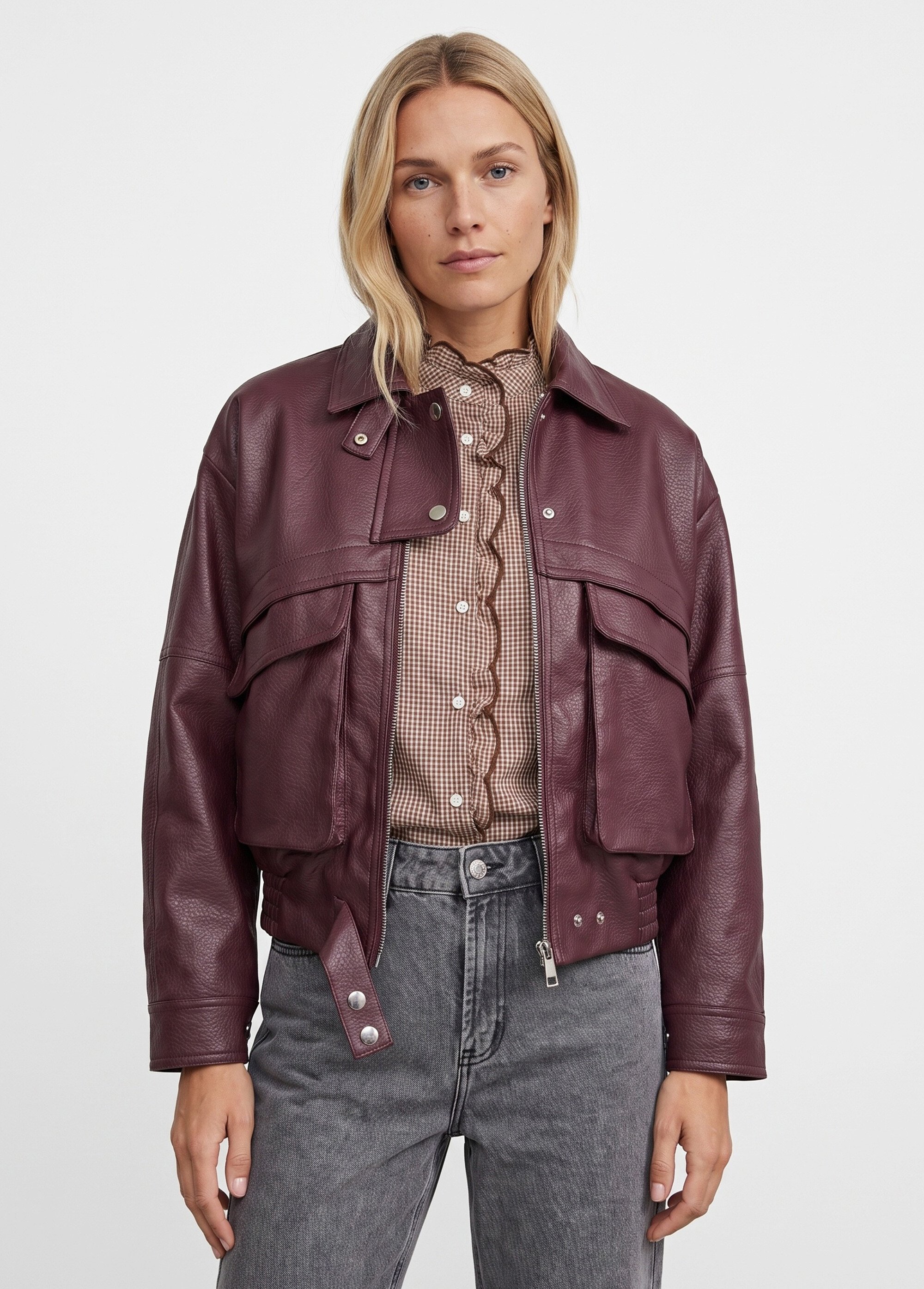Blouson simili cuir, taille élastiquée Femme Rouge SFT-S6202 FA1