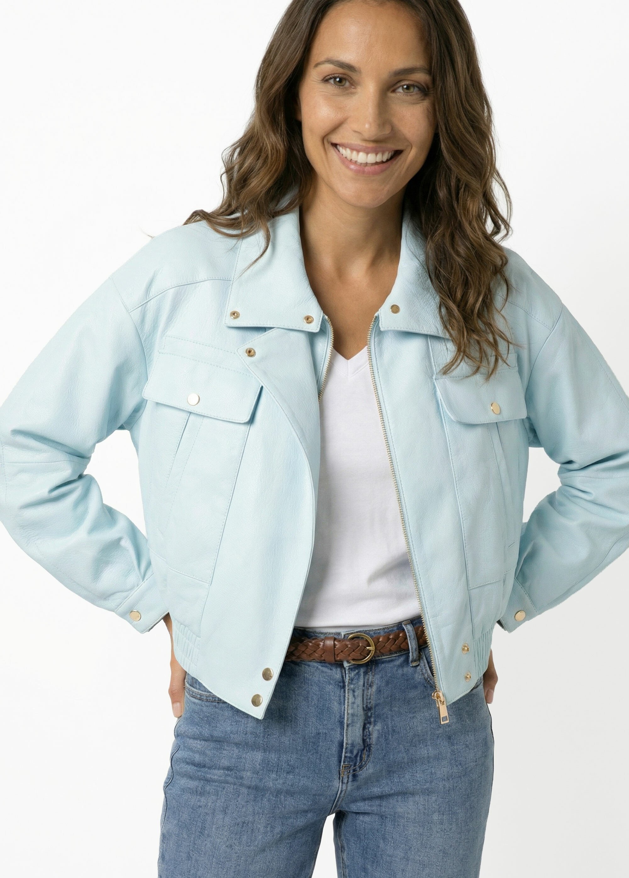 Blouson style vintage en simili cuir Femme Bleu SFT-S-6201 MV1