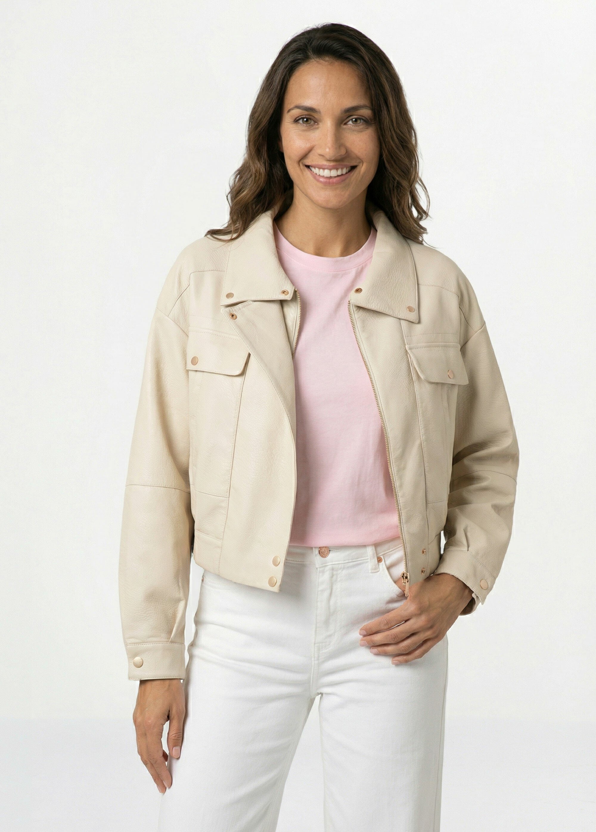 Blouson style vintage en simili cuir Femme Beige SFT-S-6201 FA1