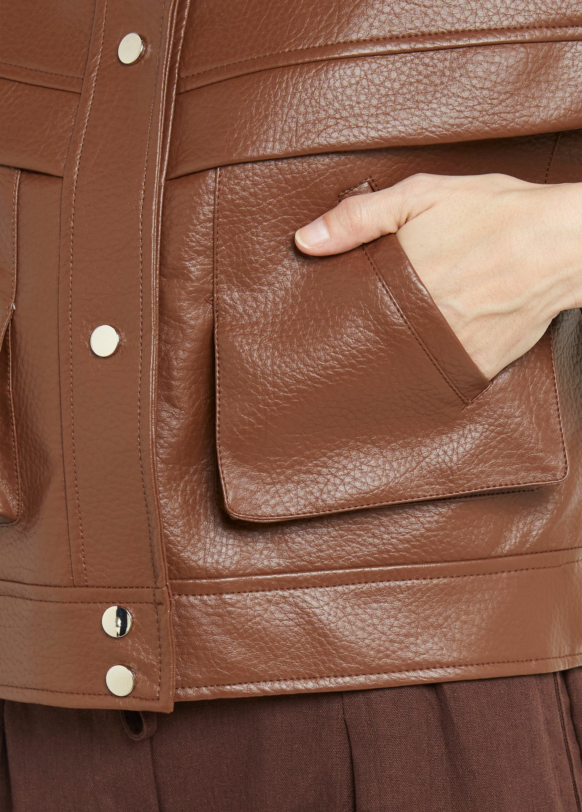 Blouson vintage col montant, simili cuir Femme Marron SFT-S6203 DE2