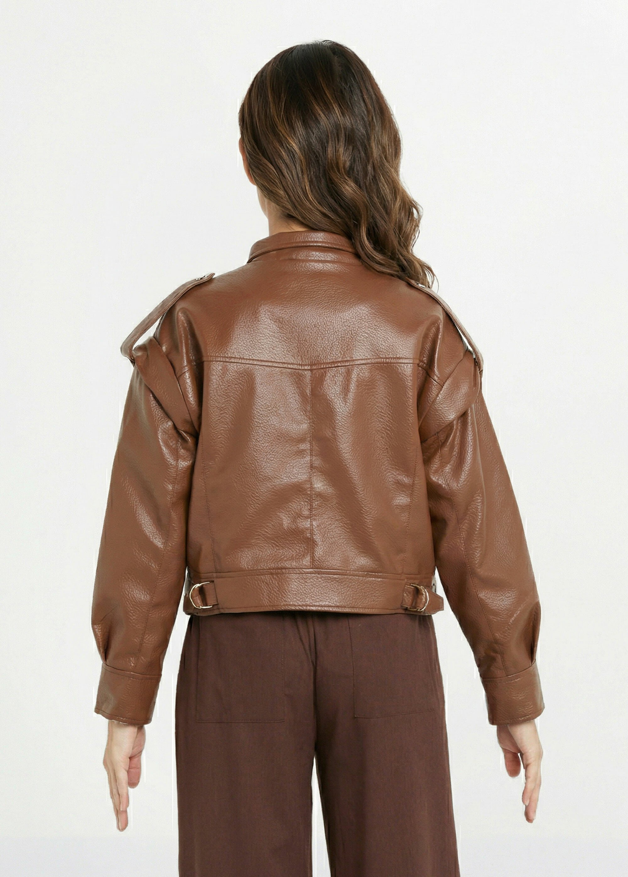 Blouson vintage col montant, simili cuir Femme Marron SFT-S6203 DO1