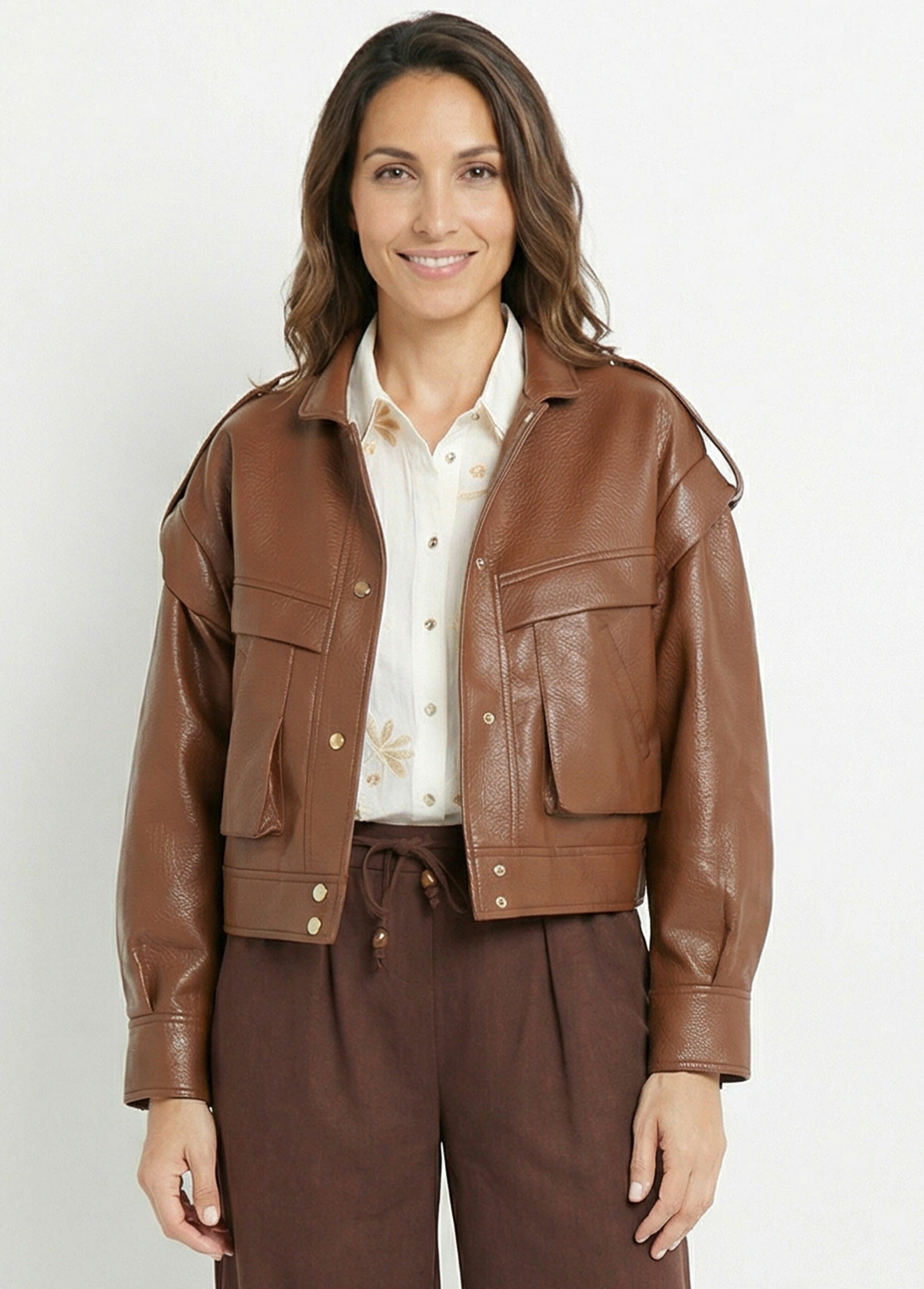 Blouson vintage col montant, simili cuir Femme Marron SFT-S6203 FA1
