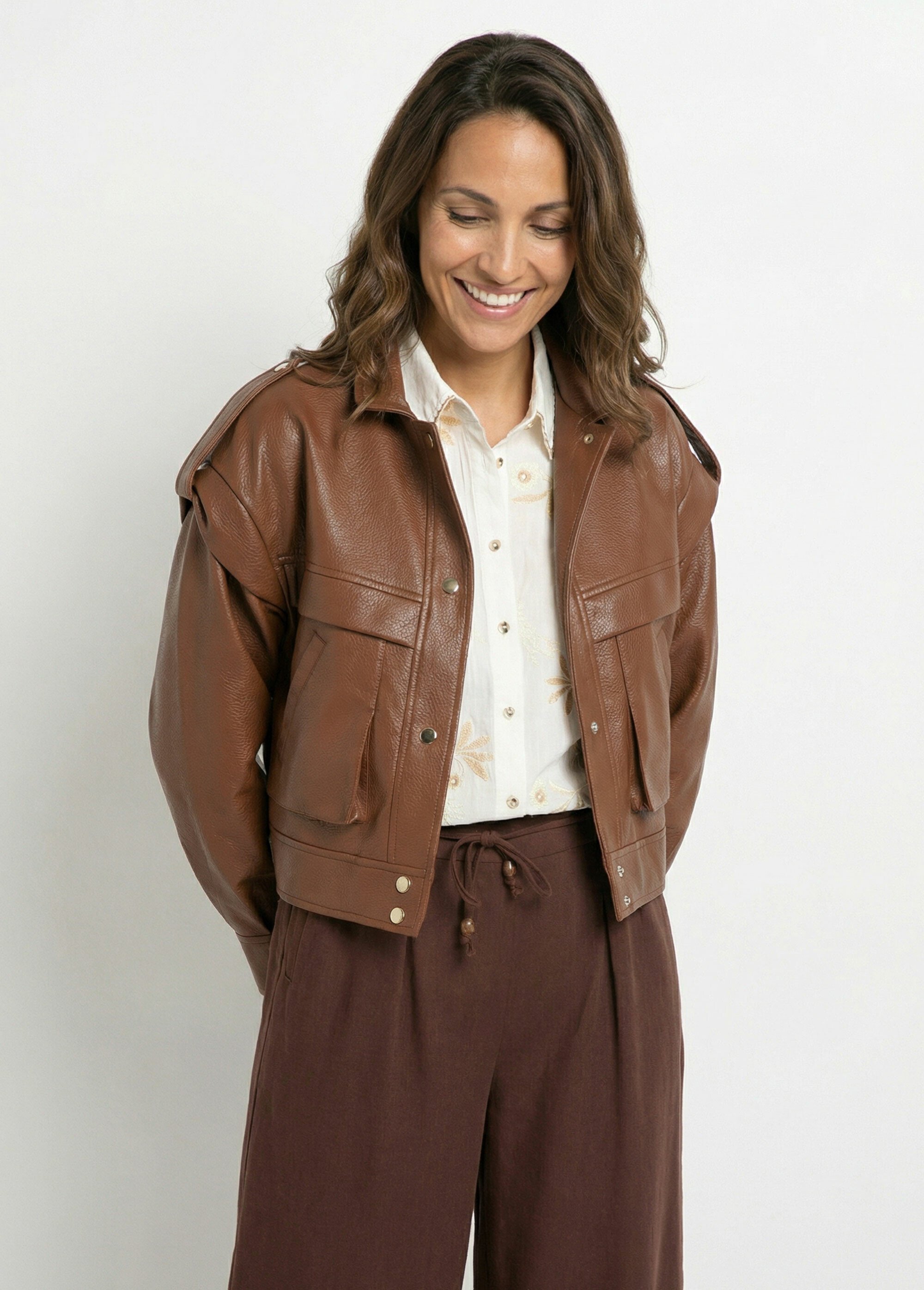 Blouson vintage col montant, simili cuir Femme Marron SFT-S6203 MV1