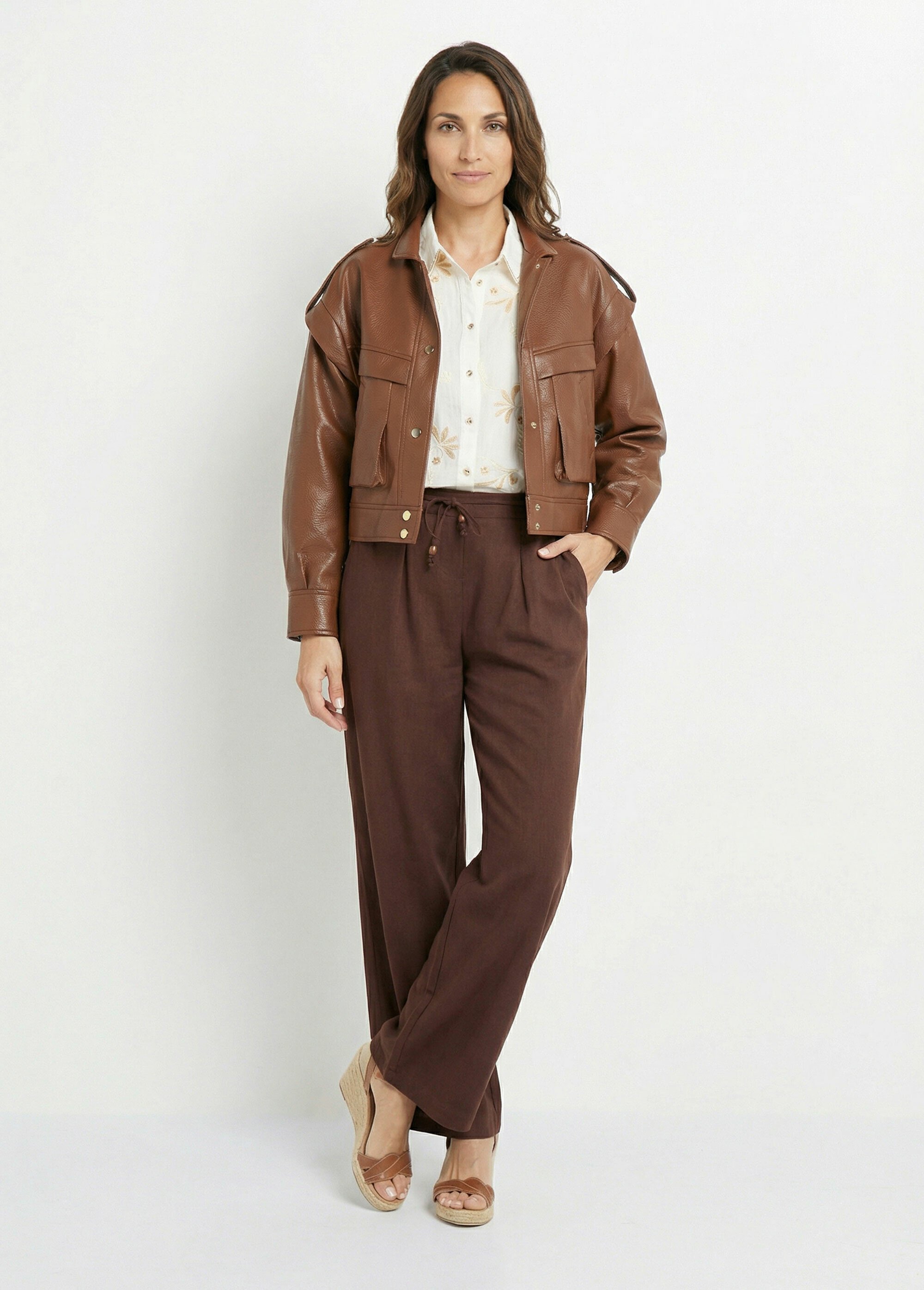 Blouson vintage col montant, simili cuir Femme Marron SFT-S6203 SF1