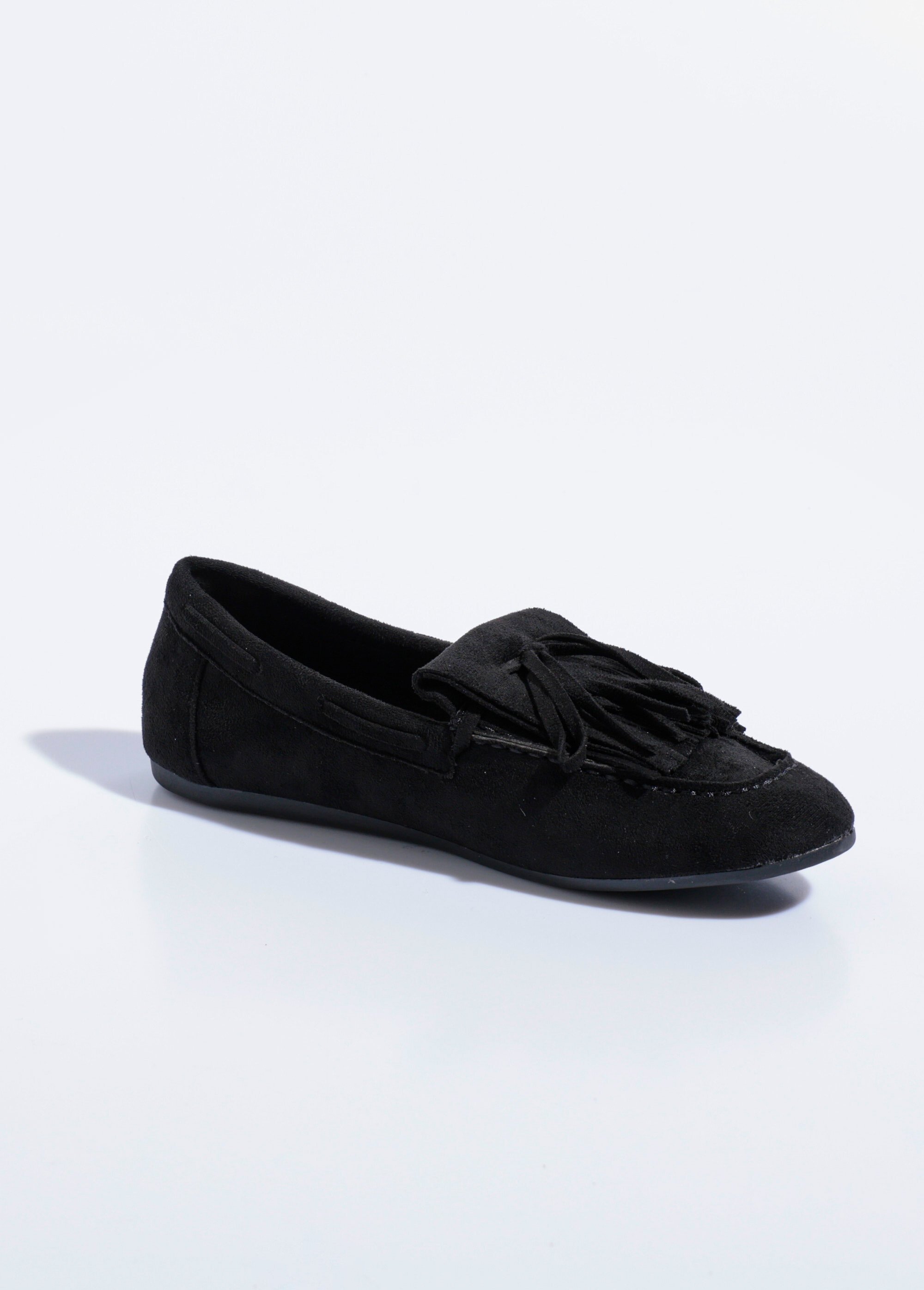 Mocassins à franges en suédine semelle plate Femme Noir QUIZ9722 FA1