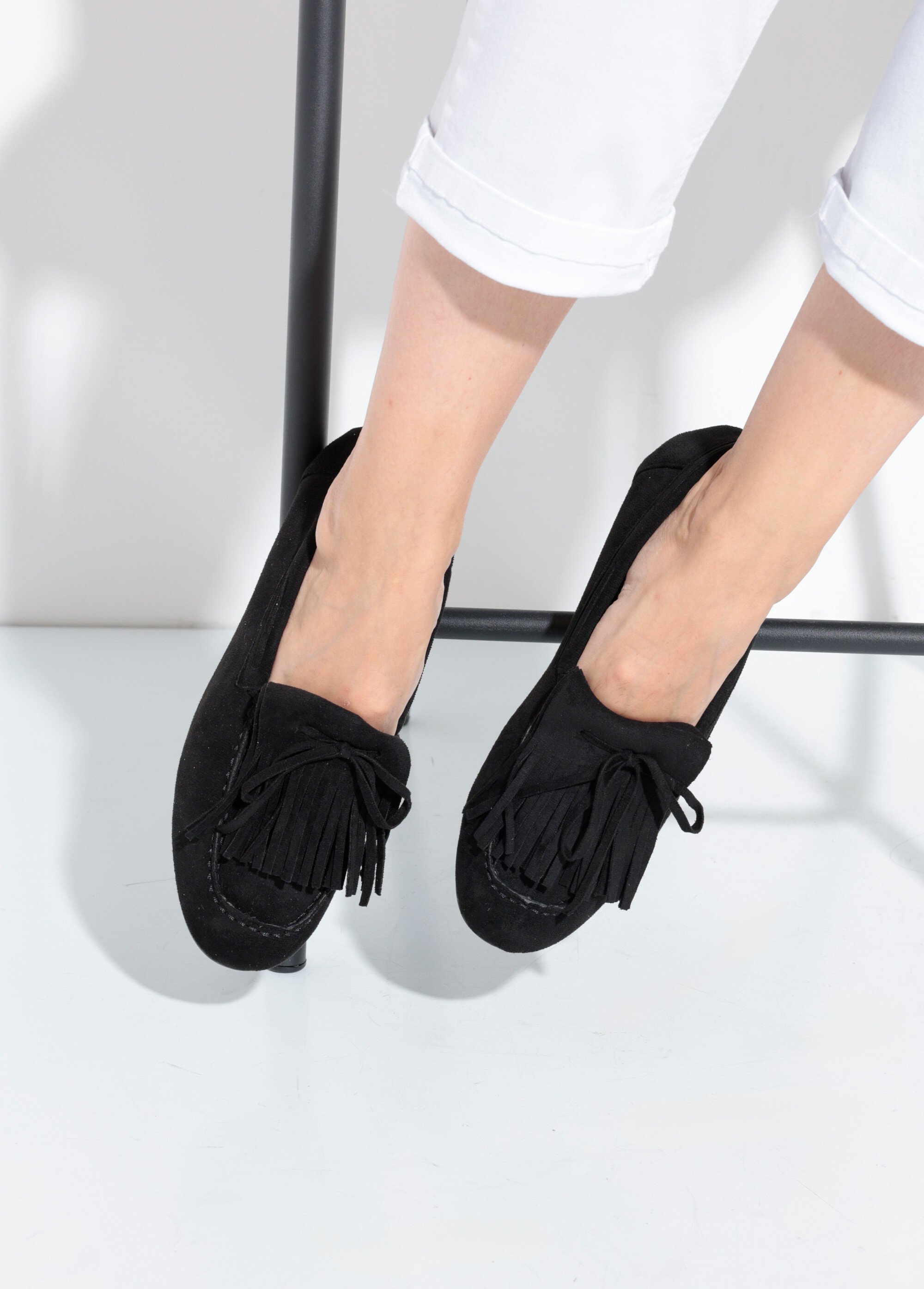 Mocassins à franges en suédine semelle plate Femme Noir QUIZ9722 SI1