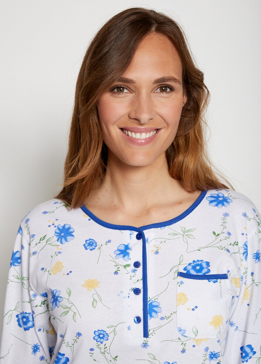 Chemise de nuit coton fleuri manches 3/4