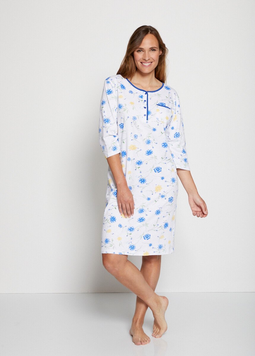 Chemise de nuit coton fleuri manches 3/4