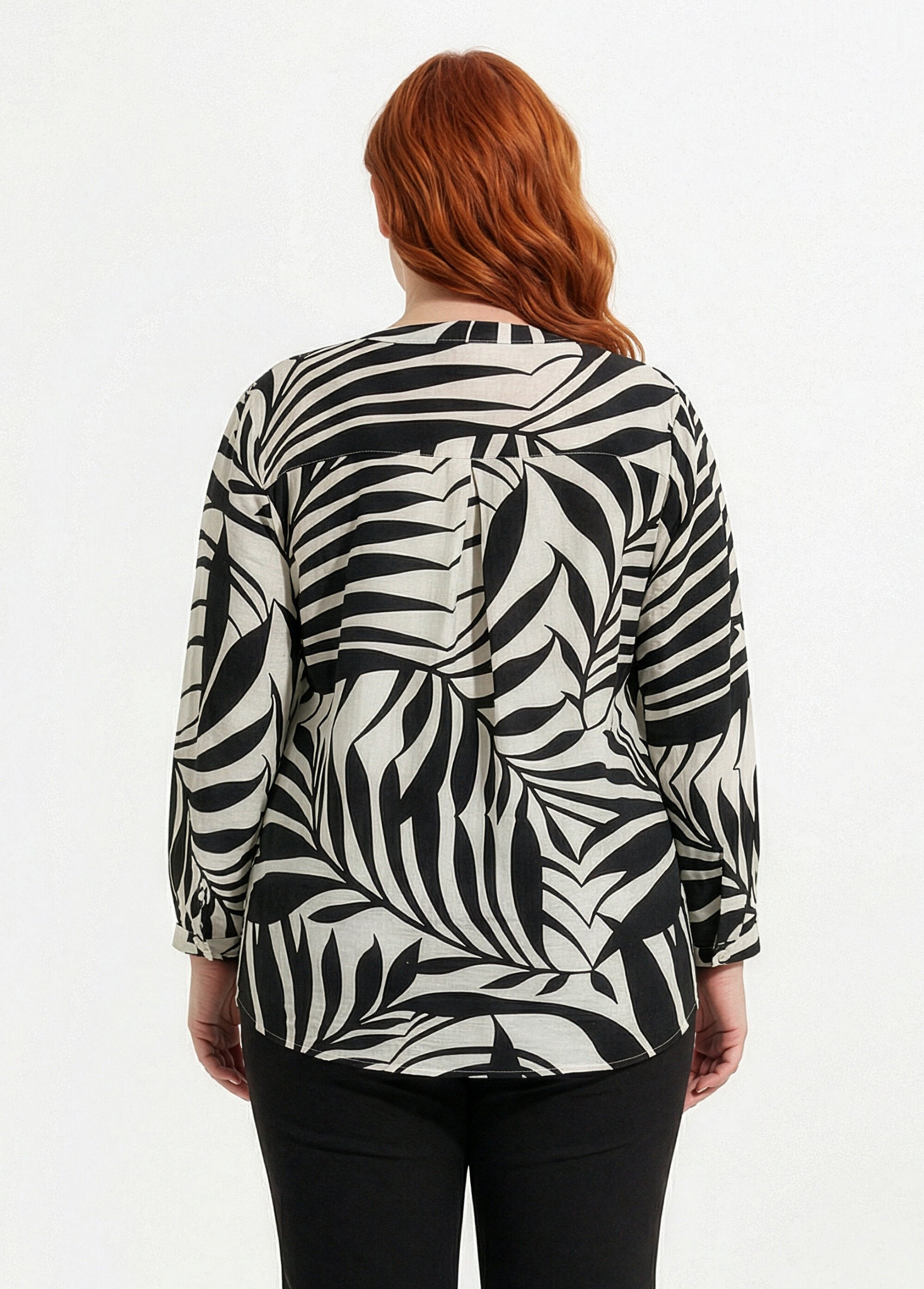 Tunique motif feuillage manches longues Femme Grande Taille Noir CHY-F617 DO1