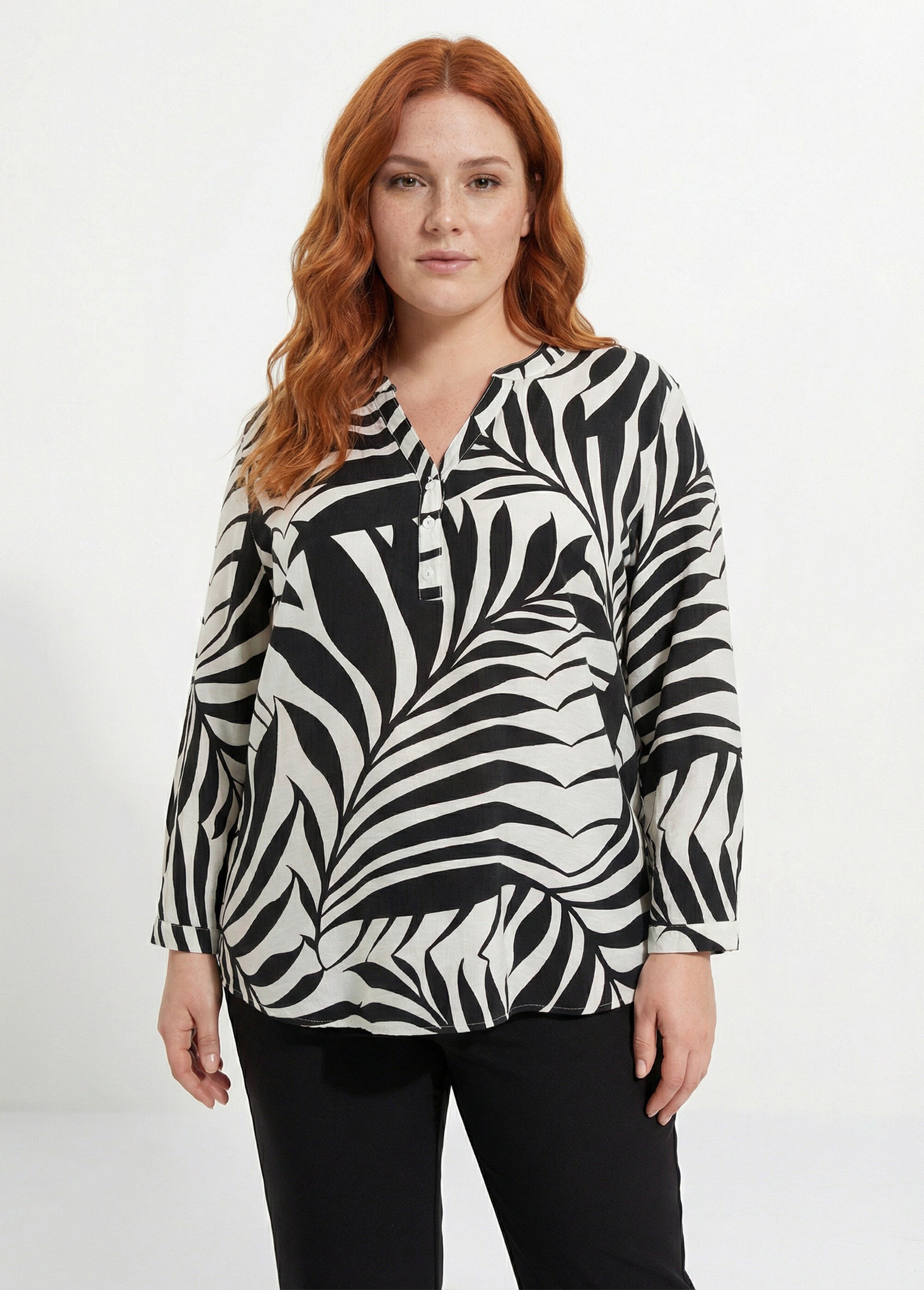 Tunique motif feuillage manches longues Femme Grande Taille Noir CHY-F617 FA1