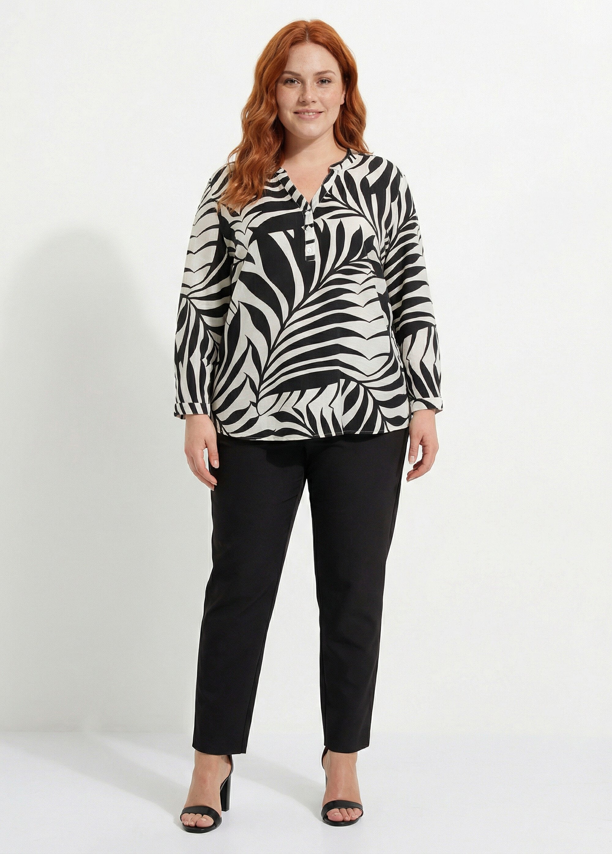 Tunique motif feuillage manches longues Femme Grande Taille Noir CHY-F617 SF1