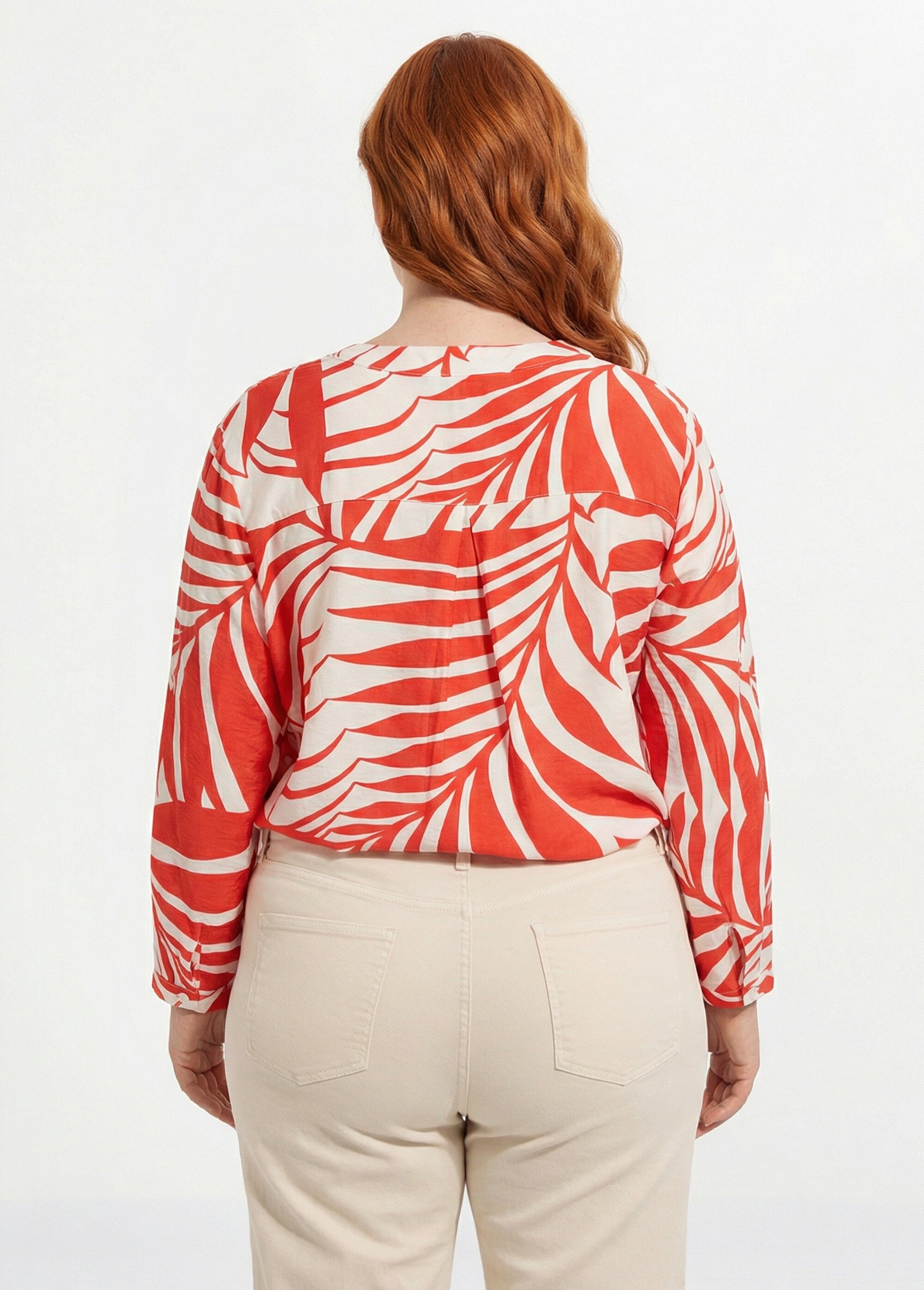 Tunique motif feuillage manches longues Femme Grande Taille Rouge CHY-F617 DO1