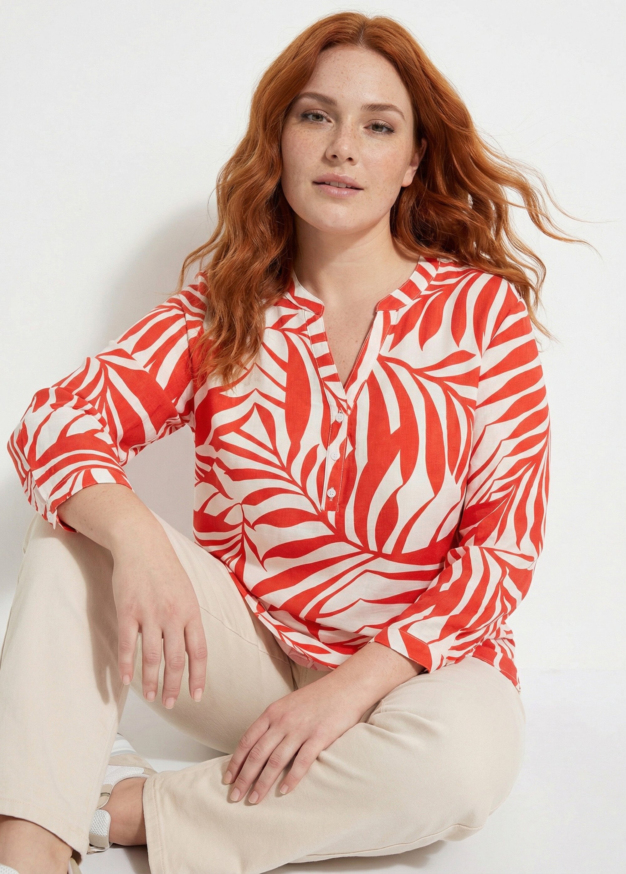 Tunique motif feuillage manches longues Femme Grande Taille Rouge CHY-F617 MV1