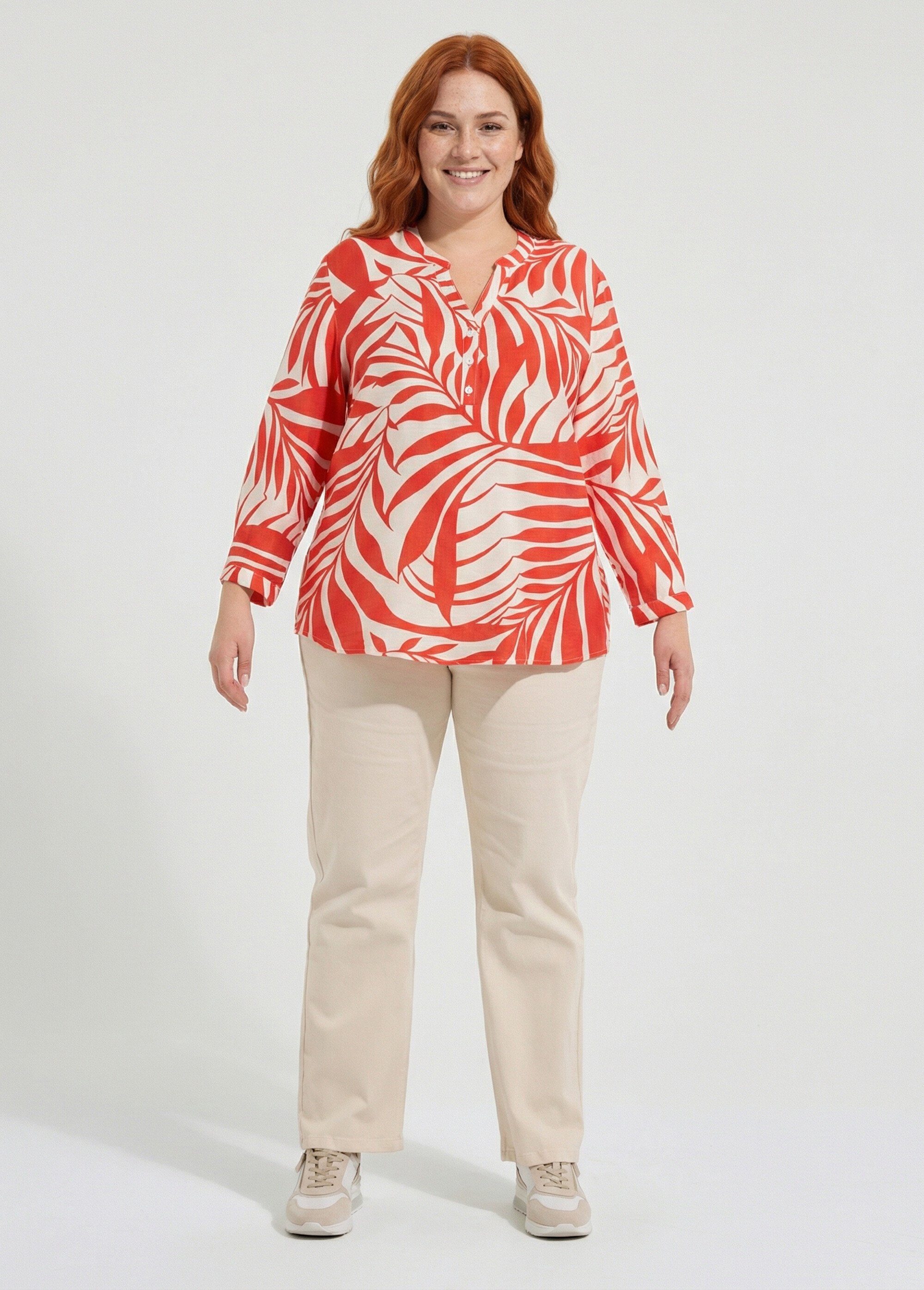 Tunique motif feuillage manches longues Femme Grande Taille Rouge CHY-F617 SF1