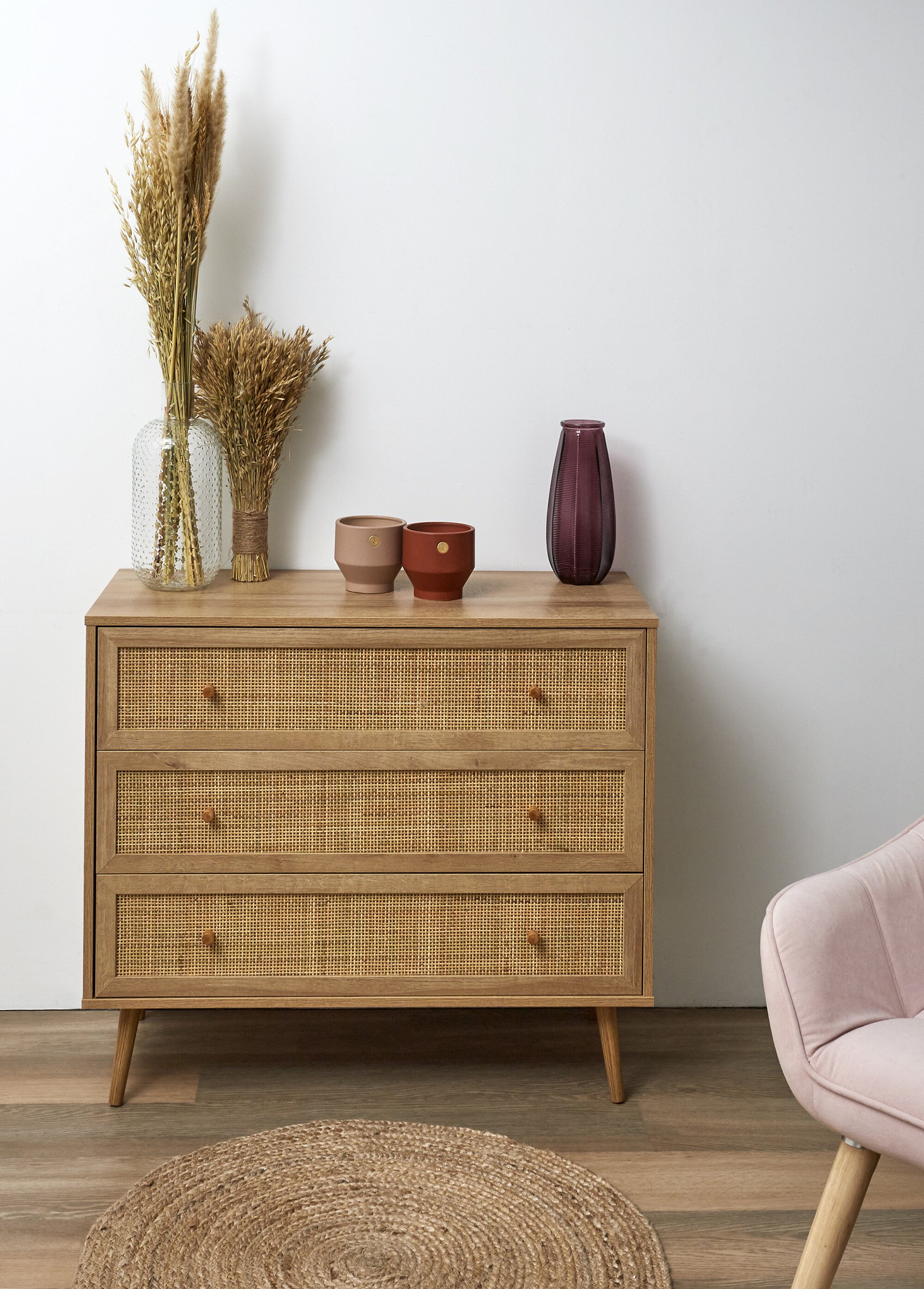 Commode 3 tiroirs, en bois et cannage MARRON CMP-HD7455 SI1