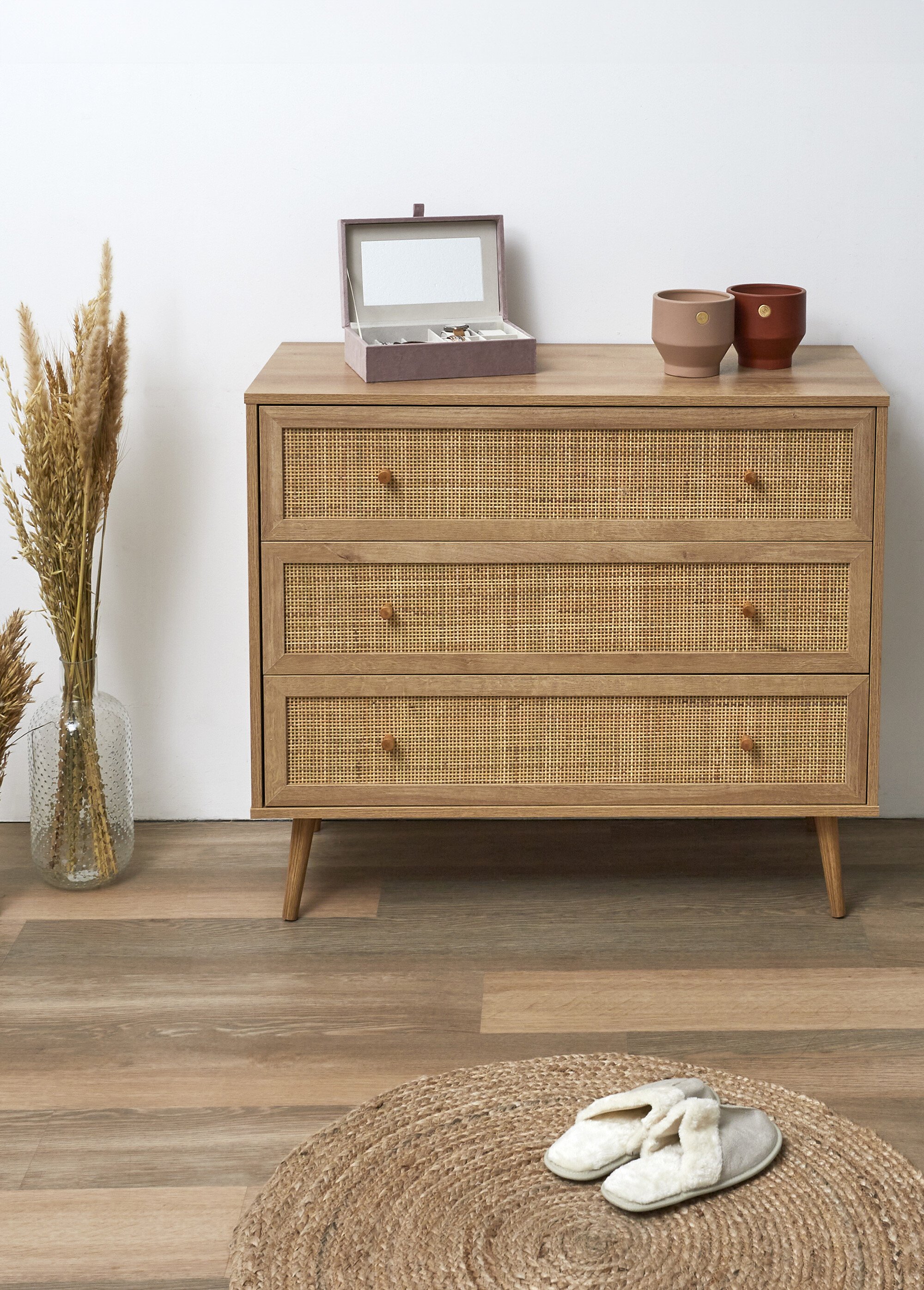 Commode 3 tiroirs, en bois et cannage MARRON CMP-HD7455 SI2