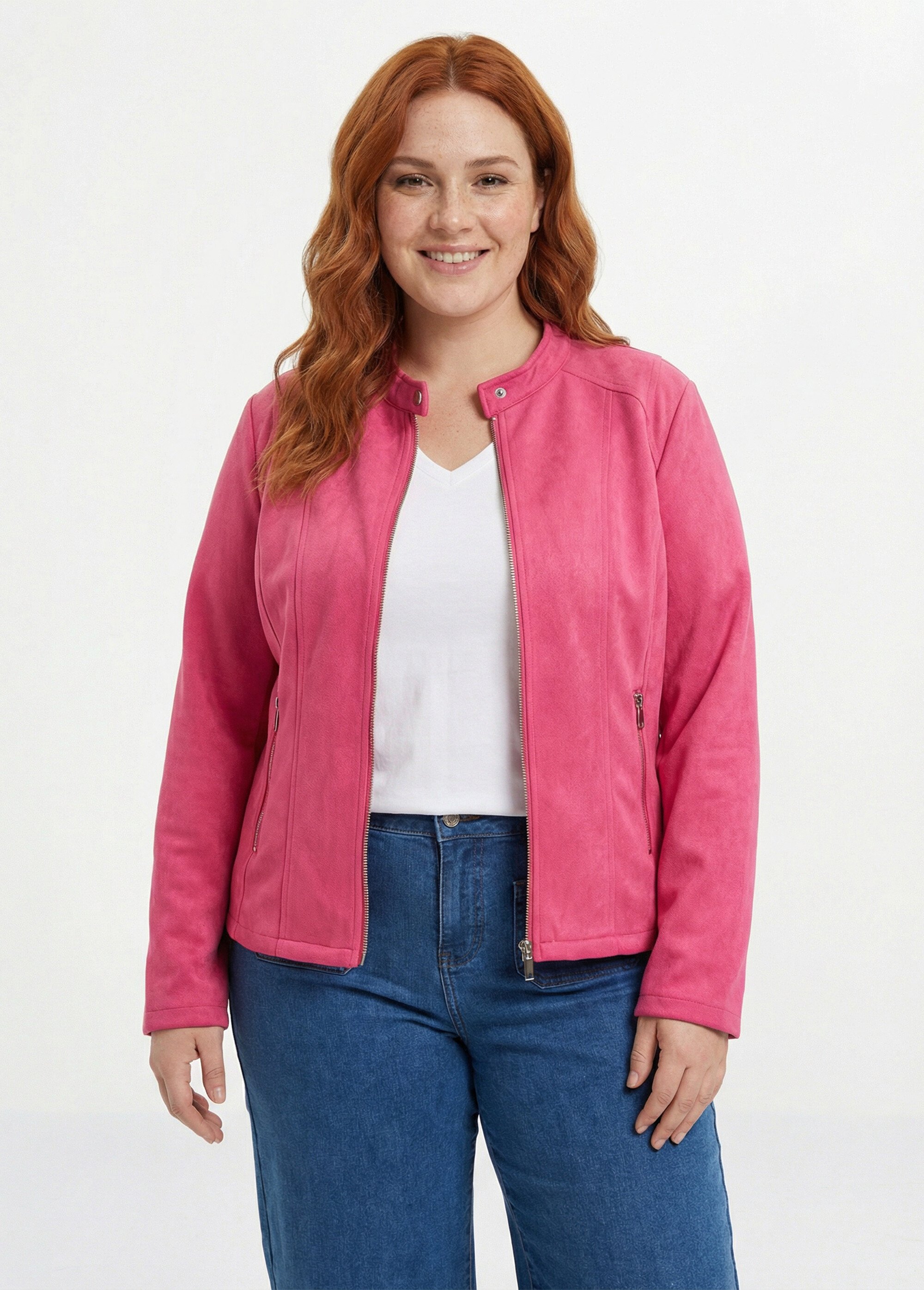 Veste courte suédine style perfecto Femme Grande Taille Rose CH-H009 FA1