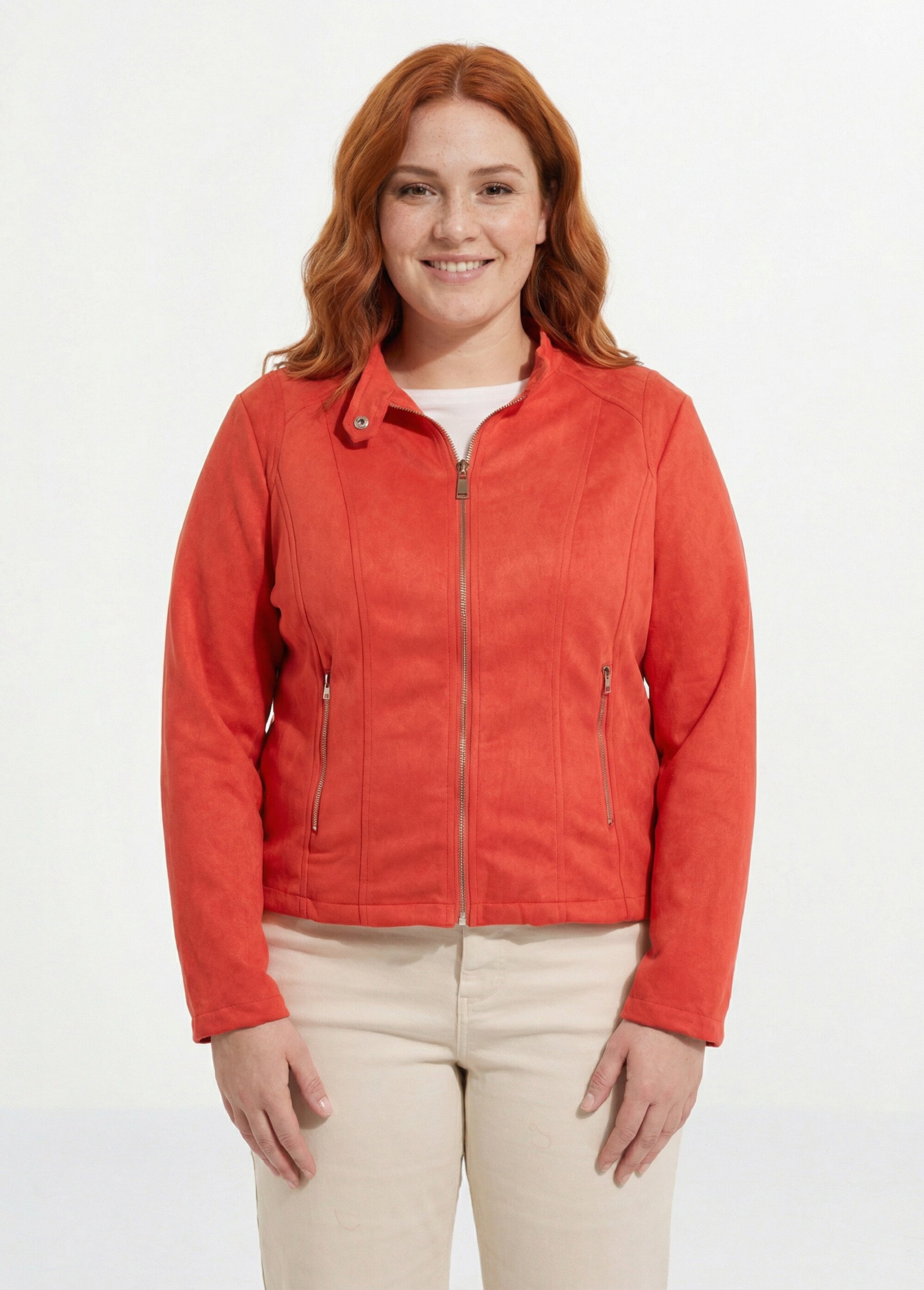 Veste courte suédine style perfecto Femme Grande Taille Orange CH-H009 FA1