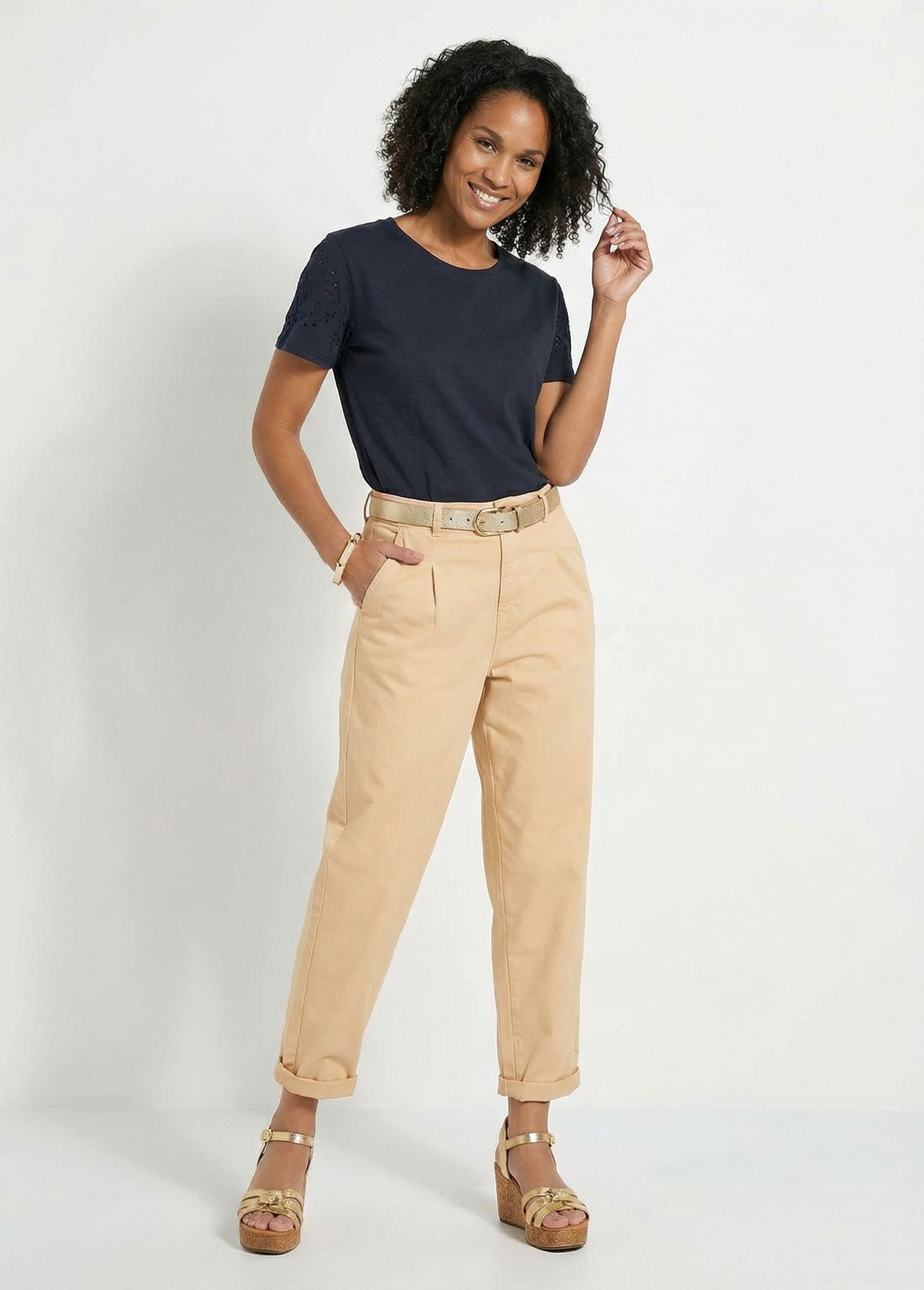 Jean couleur coupe carotte taille haute stretch Femme Beige NODILE MV1